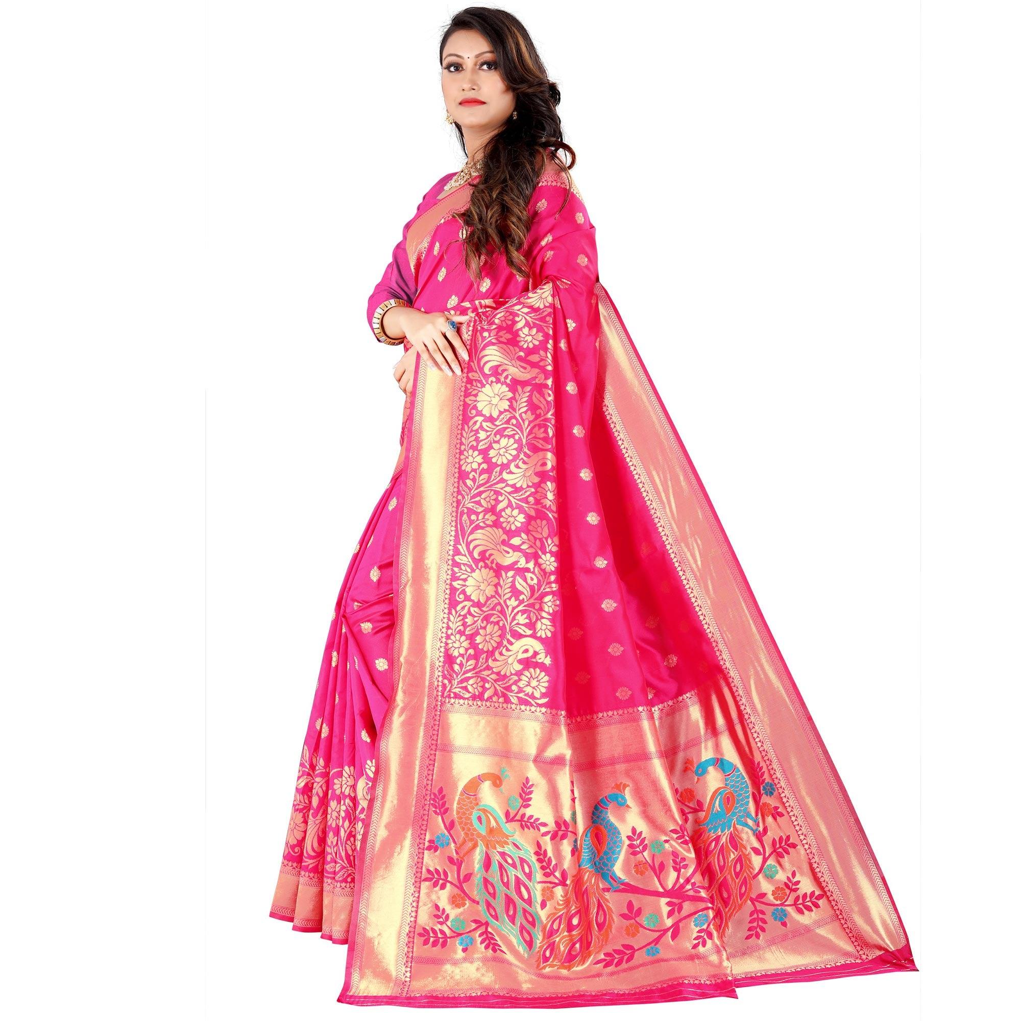 Pink Festive Wear Floral Woven Banarasi Silk Saree - Peachmode
