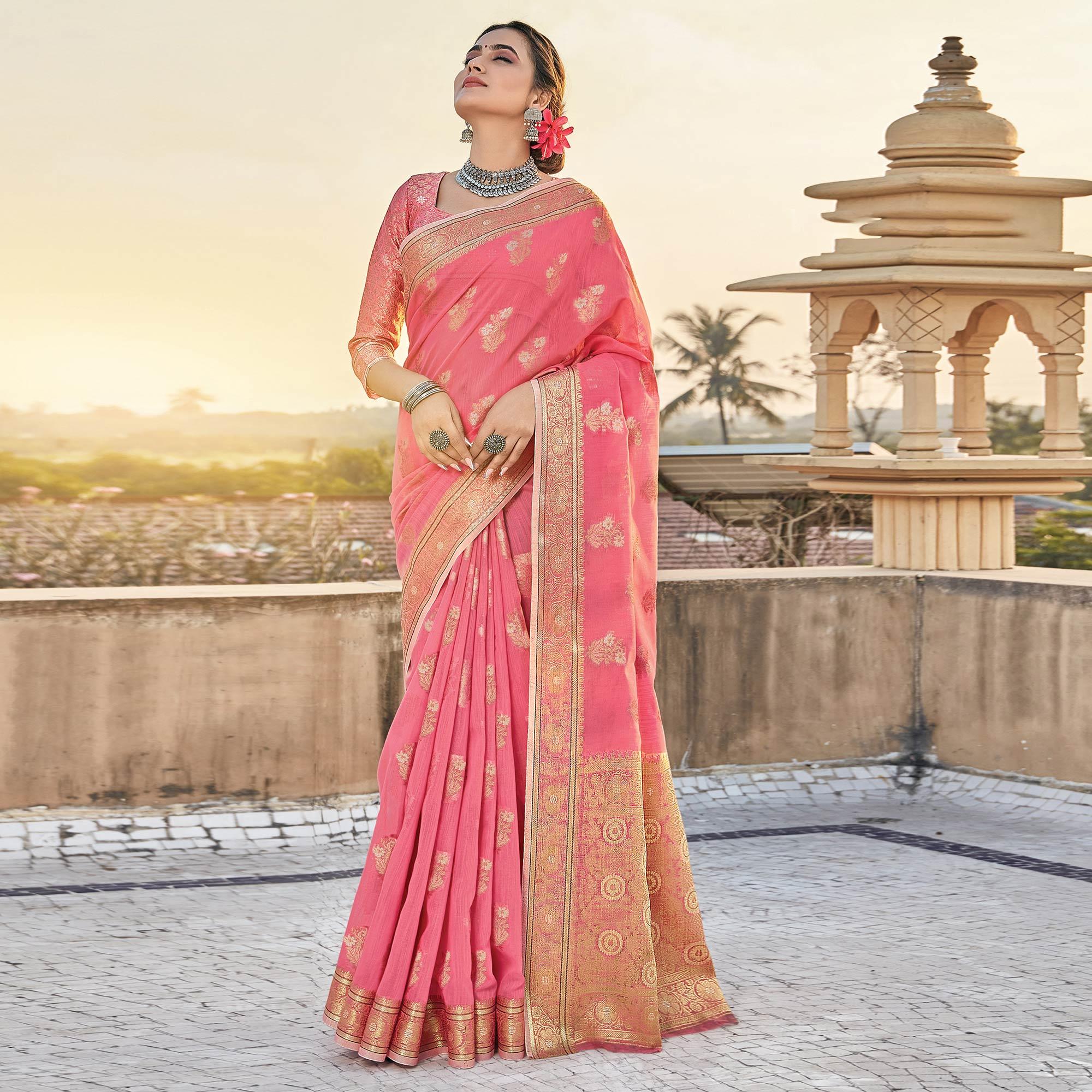 Pink Festive Wear Floral Woven Linen Saree - Peachmode
