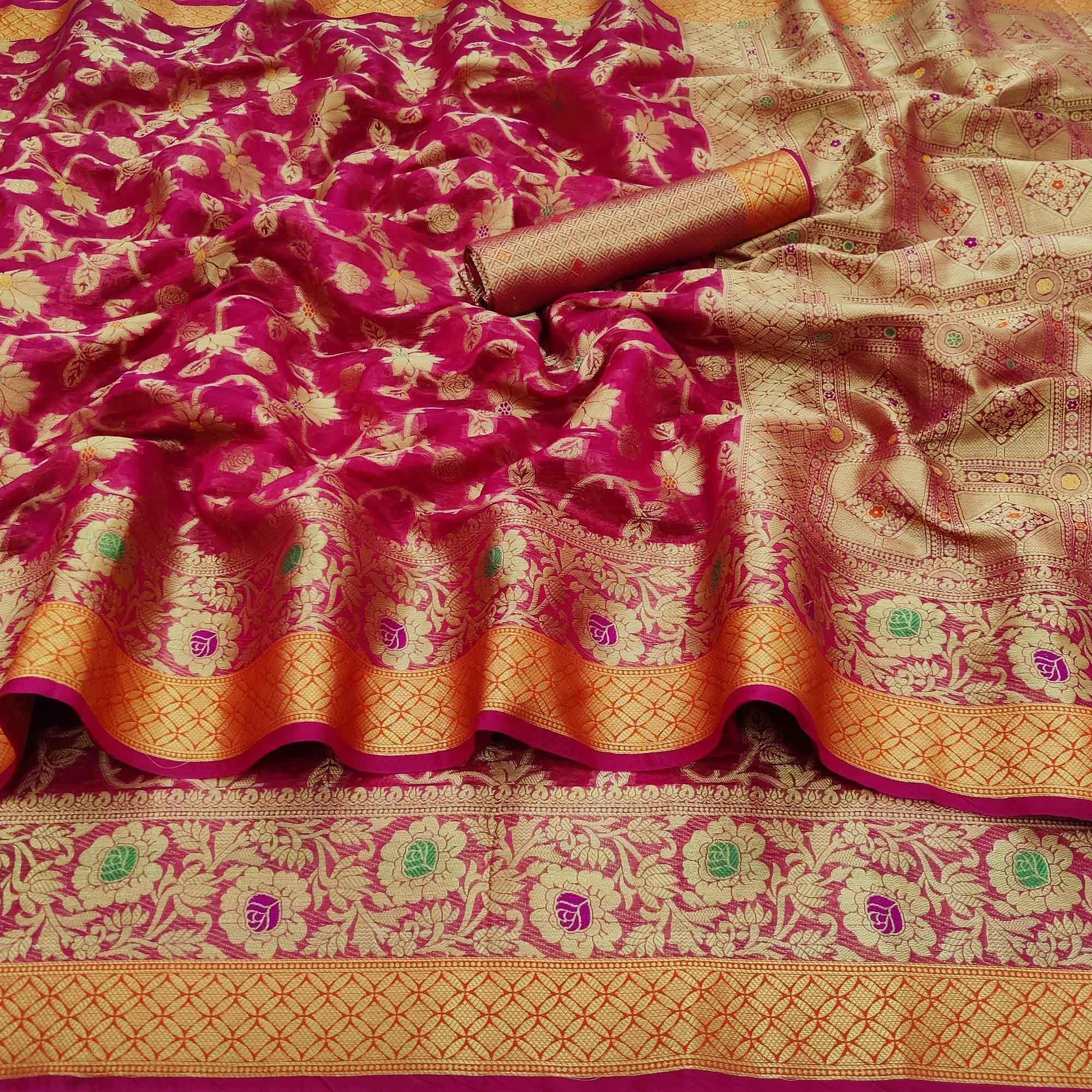 Pink Festive Wear Floral Woven Organza Saree - Peachmode
