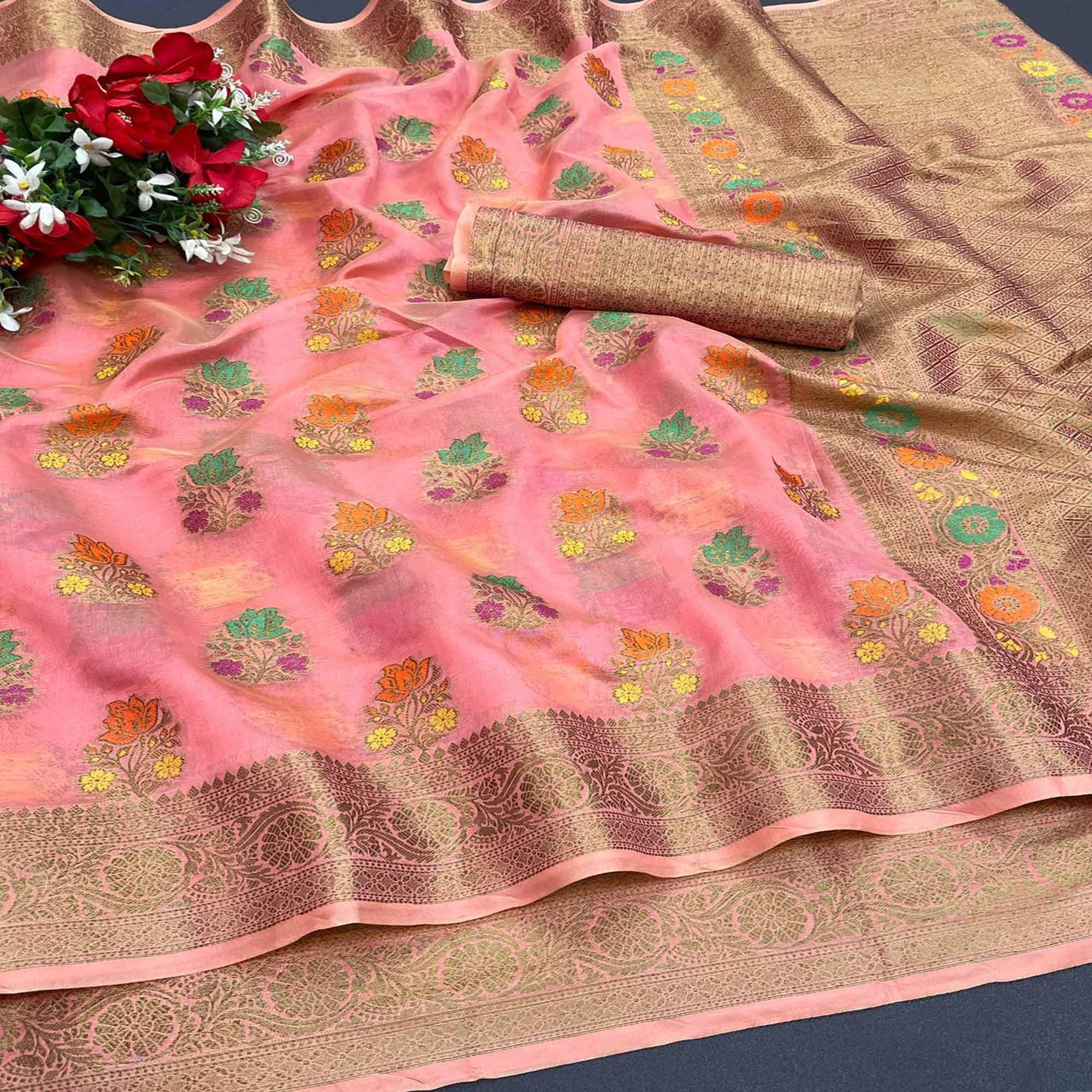 Pink Festive Wear Floral Woven Pure Soft Organza Saree - Peachmode