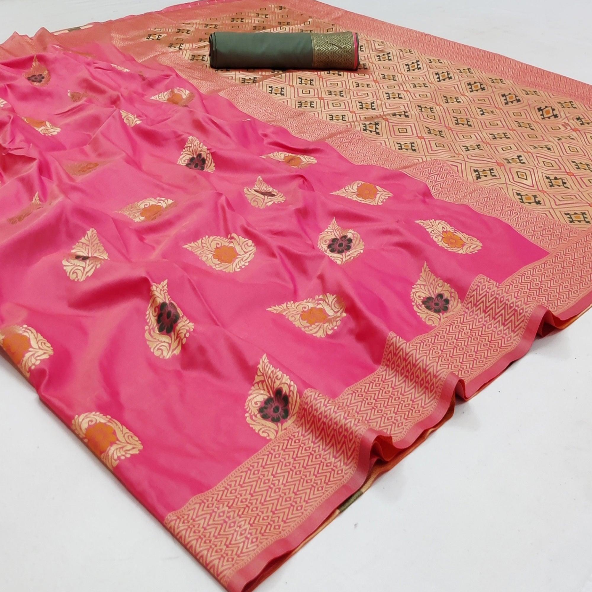 Pink Festive Wear Floral Woven Soft Silk Banarasi Saree - Peachmode