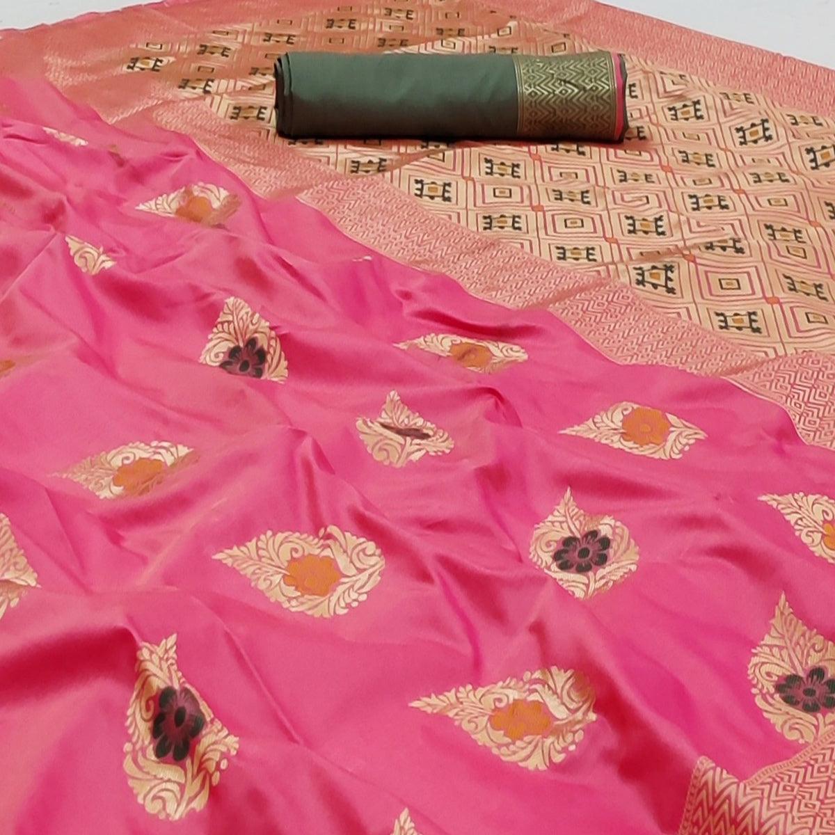 Pink Festive Wear Floral Woven Soft Silk Banarasi Saree - Peachmode