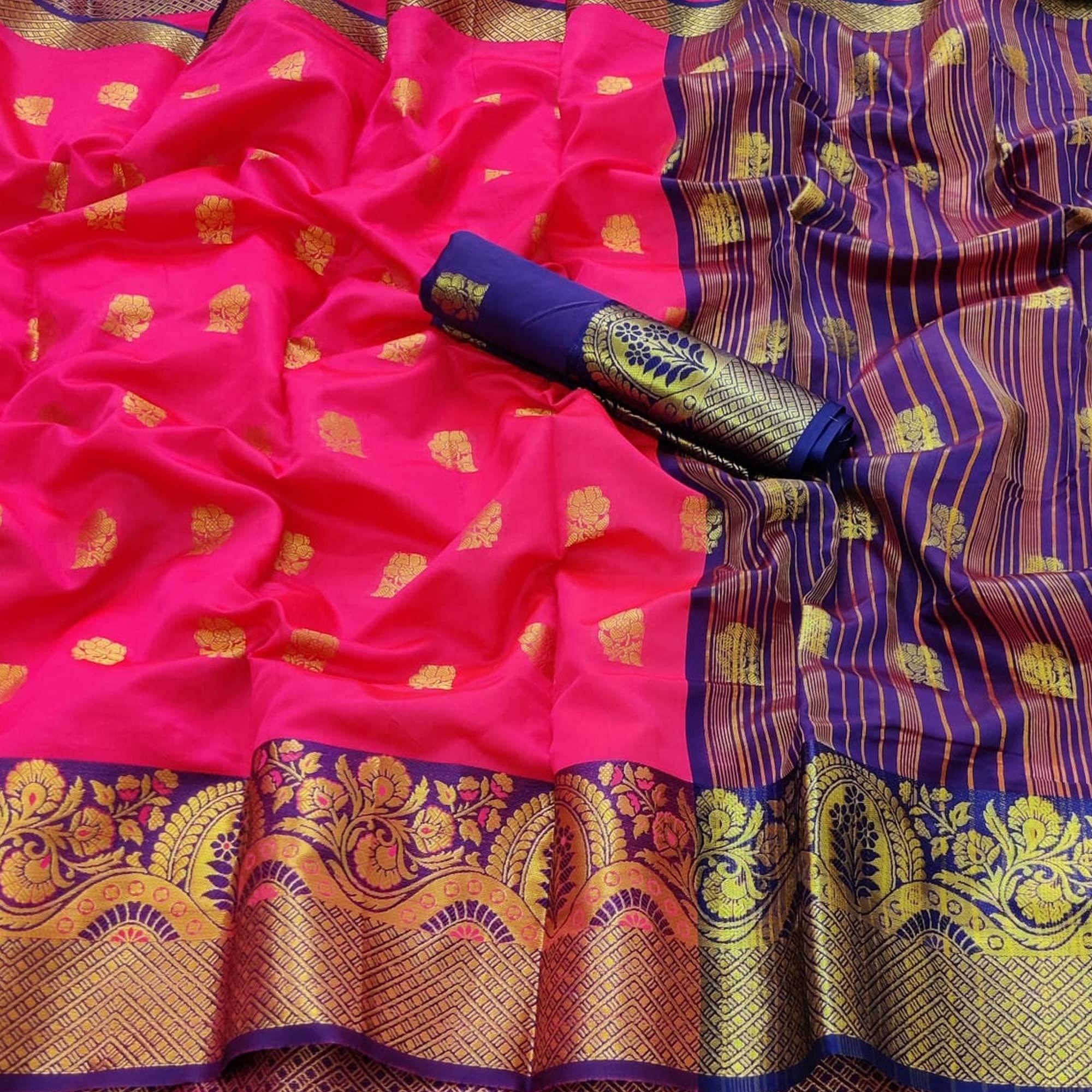 Pink Festive Wear Floral Woven Soft Silk Saree With Meena Butta Lining Pallu - Peachmode