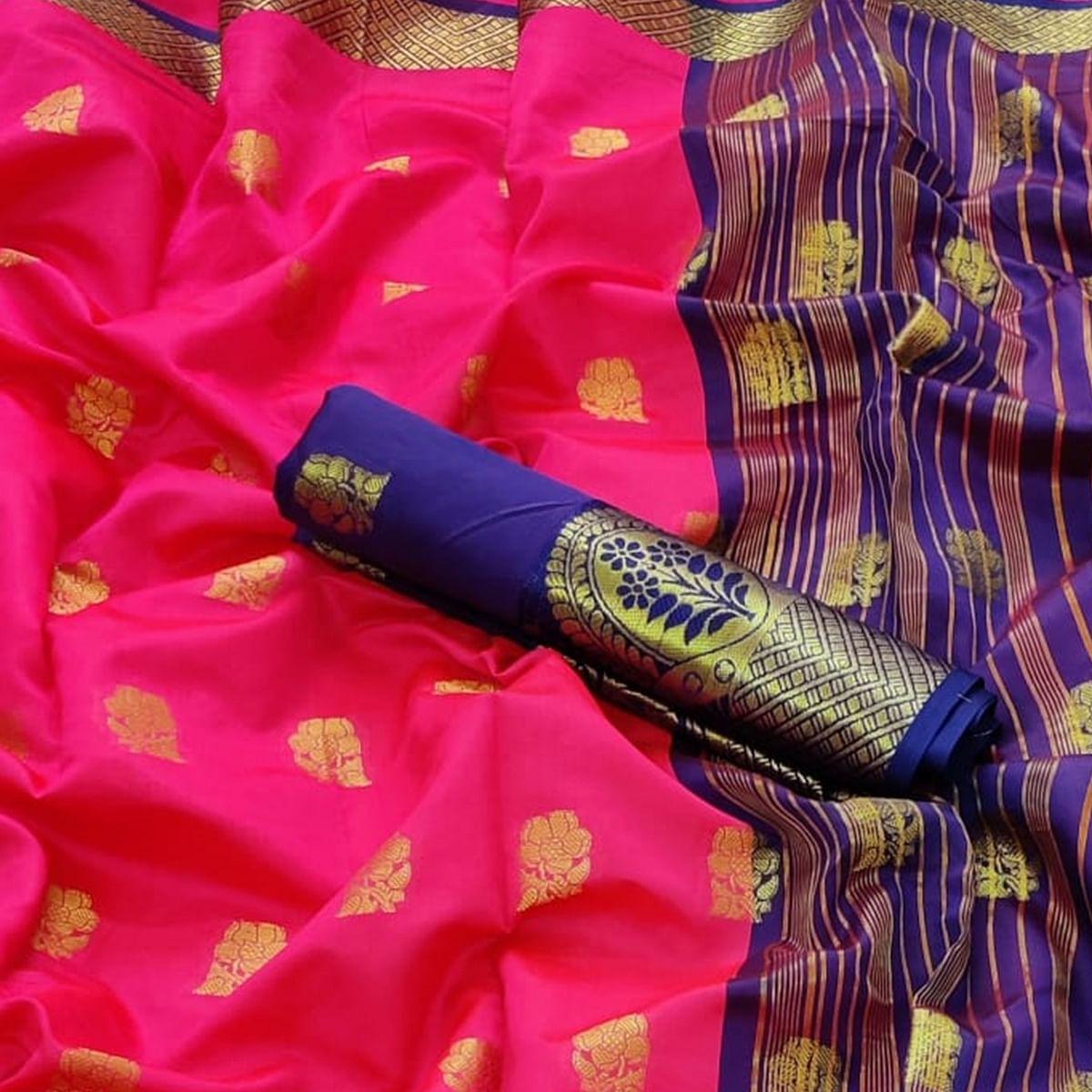 Pink Festive Wear Floral Woven Soft Silk Saree With Meena Butta Lining Pallu - Peachmode