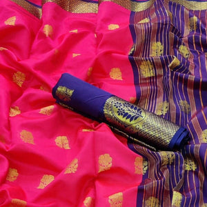 Pink Festive Wear Floral Woven Soft Silk Saree With Meena Butta Lining Pallu - Peachmode