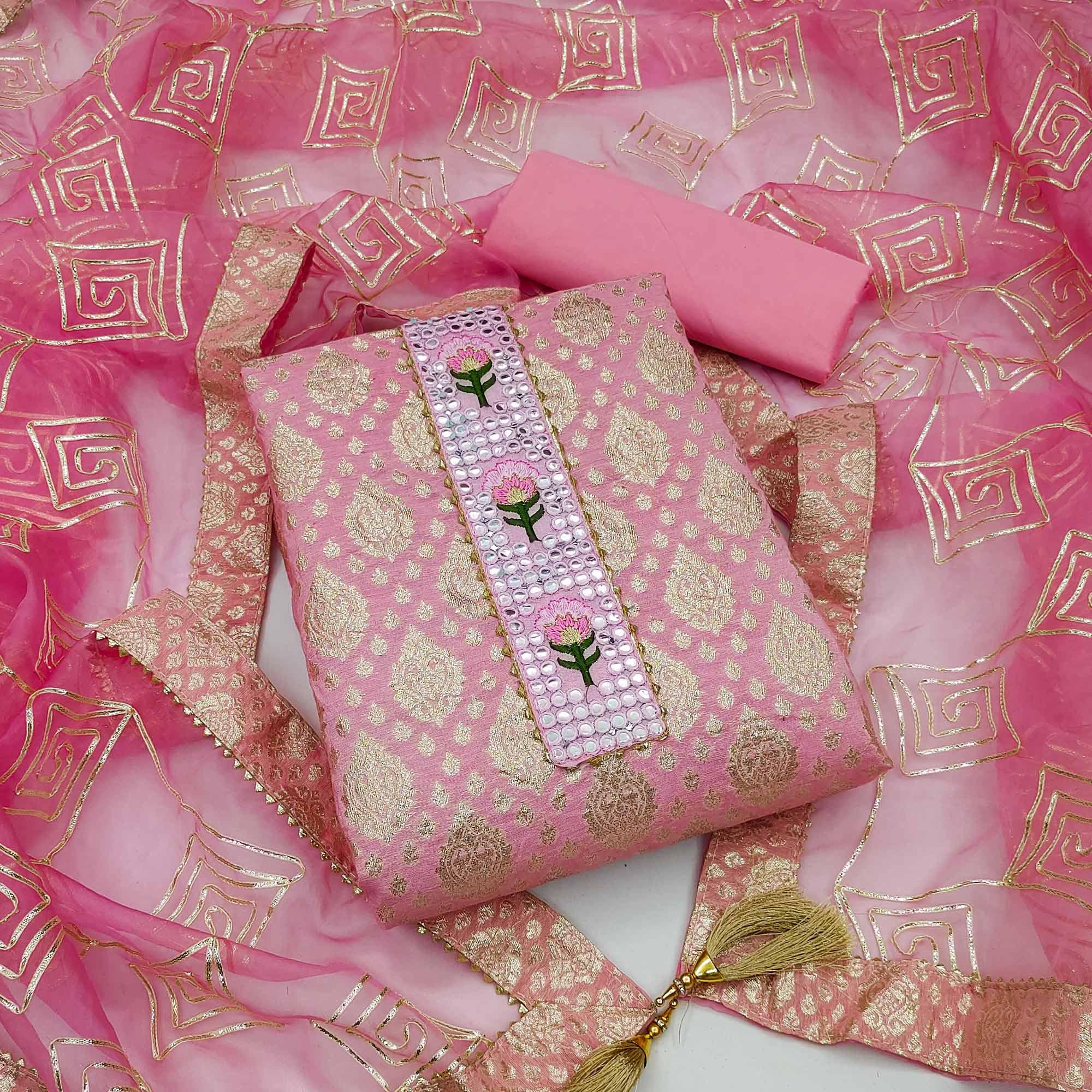 Pink Festive Wear Foil Printed Chanderi Dress Material - Peachmode
