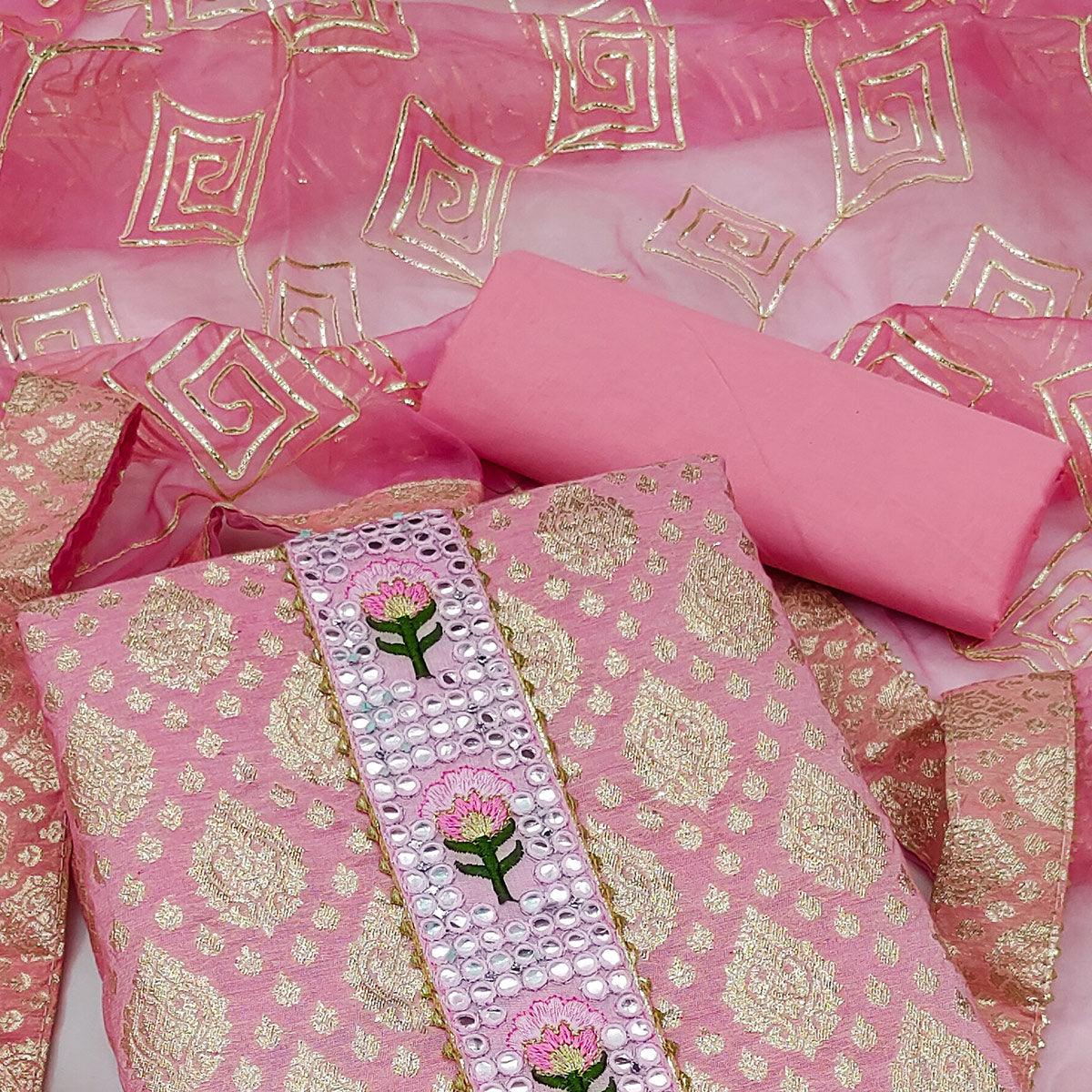 Pink Festive Wear Foil Printed Chanderi Dress Material - Peachmode