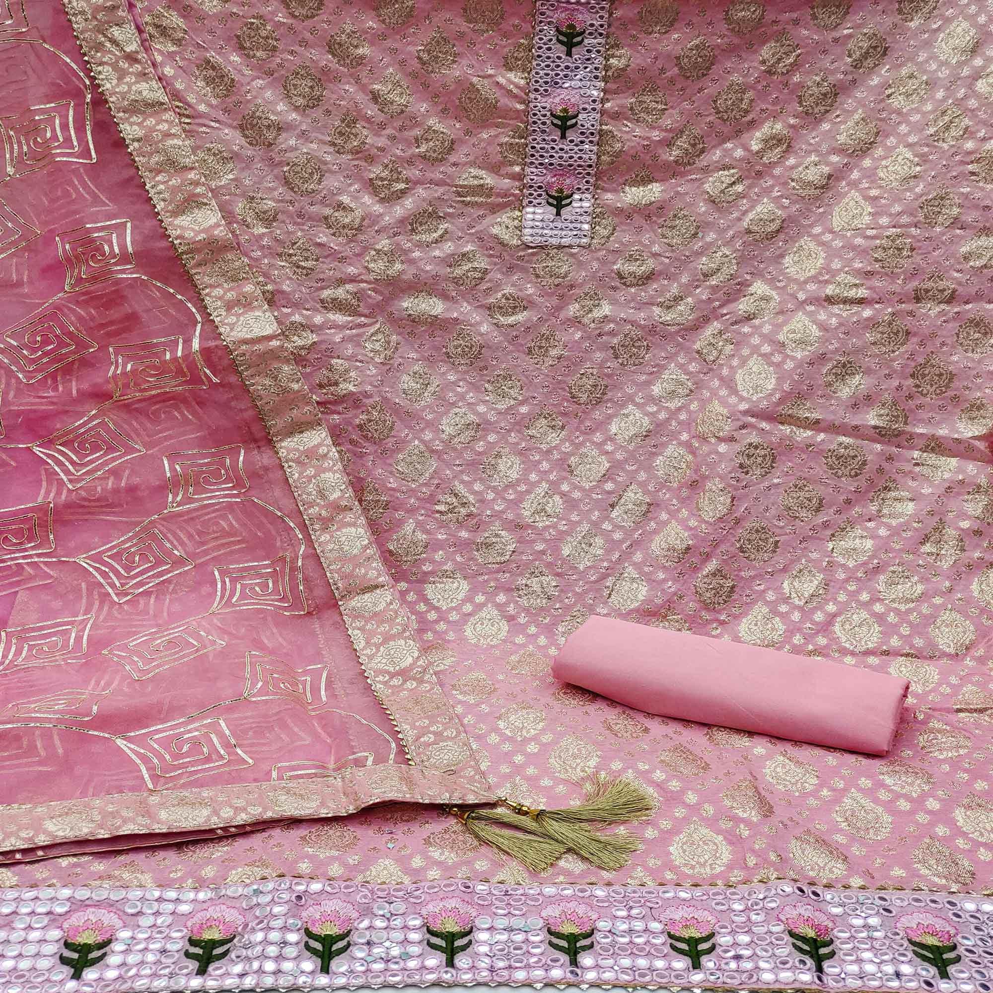 Pink Festive Wear Foil Printed Chanderi Dress Material - Peachmode
