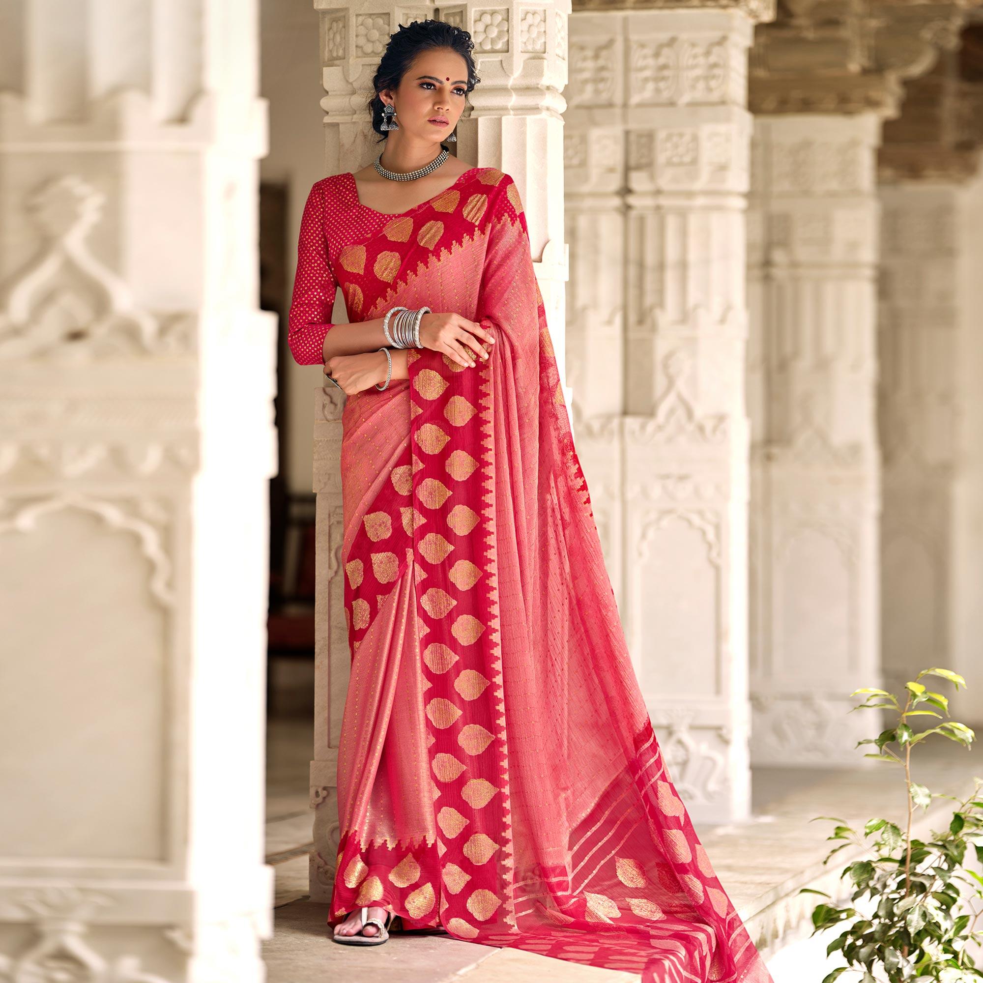 Pink Festive Wear Foil Printed Chiffon Brasso Saree - Peachmode