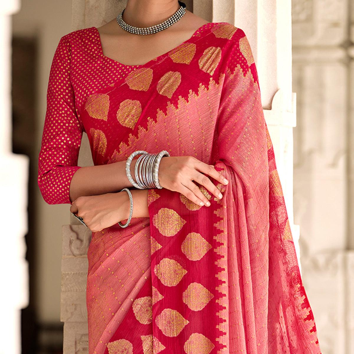 Pink Festive Wear Foil Printed Chiffon Brasso Saree - Peachmode