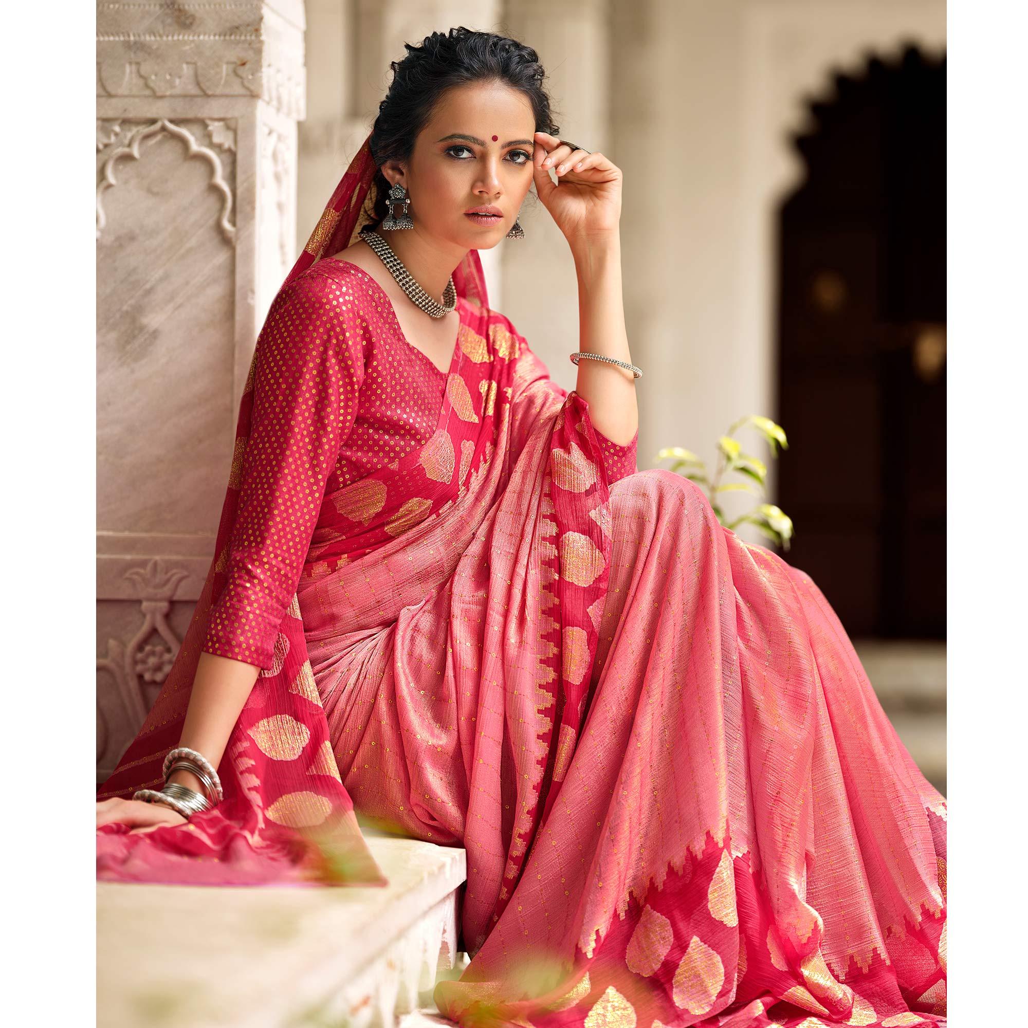 Pink Festive Wear Foil Printed Chiffon Brasso Saree - Peachmode