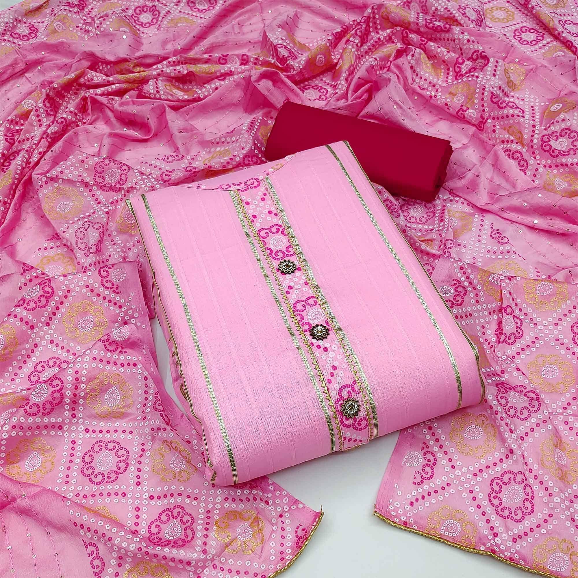 Pink Festive Wear Gotta Patti With Bandhani Printed Cotton Dress Material - Peachmode
