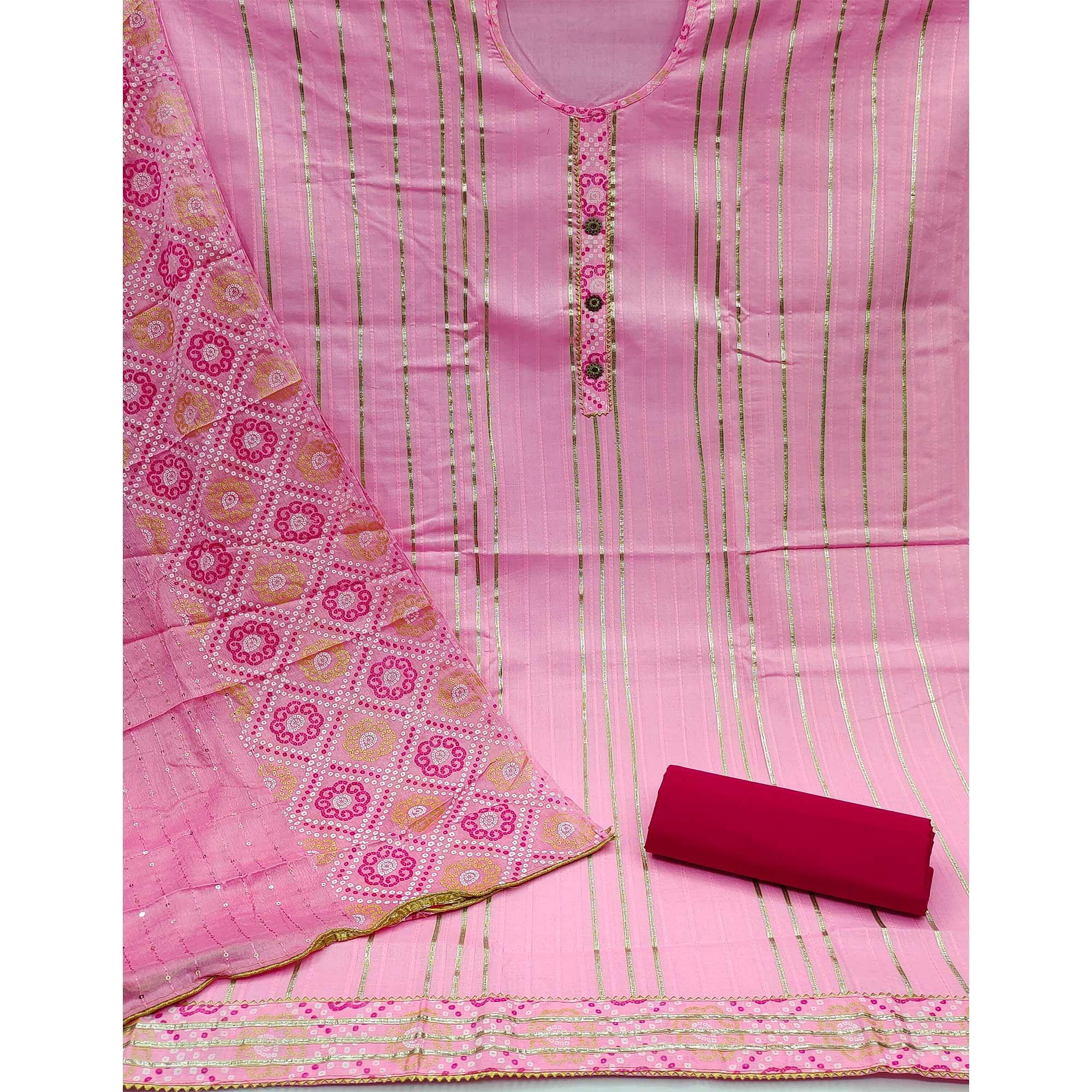 Pink Festive Wear Gotta Patti With Bandhani Printed Cotton Dress Material - Peachmode