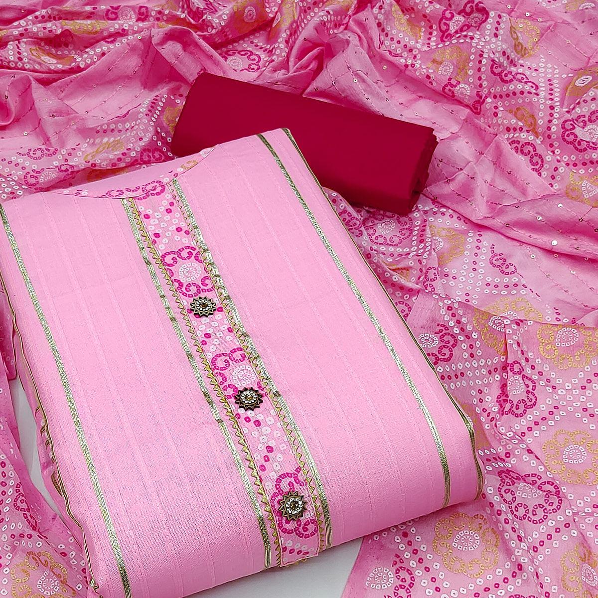 Pink Festive Wear Gotta Patti With Bandhani Printed Cotton Dress Material - Peachmode