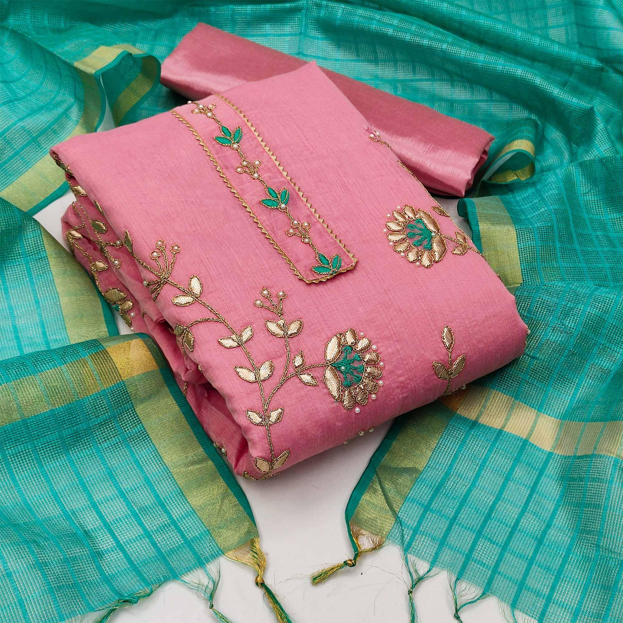 Pink Festive Wear Hand Butta Work Modal Chanderi Dress Material - Peachmode