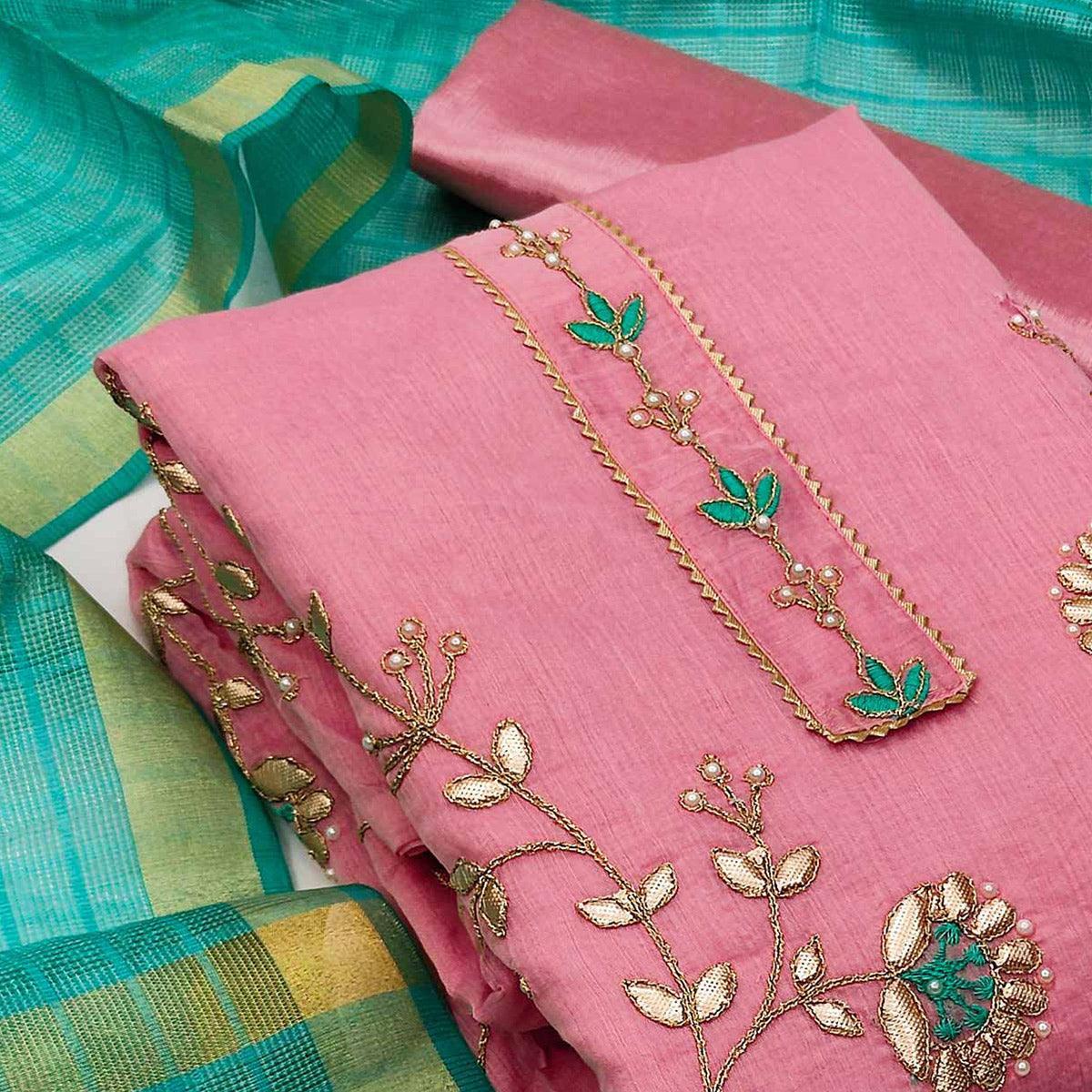 Pink Festive Wear Hand Butta Work Modal Chanderi Dress Material - Peachmode