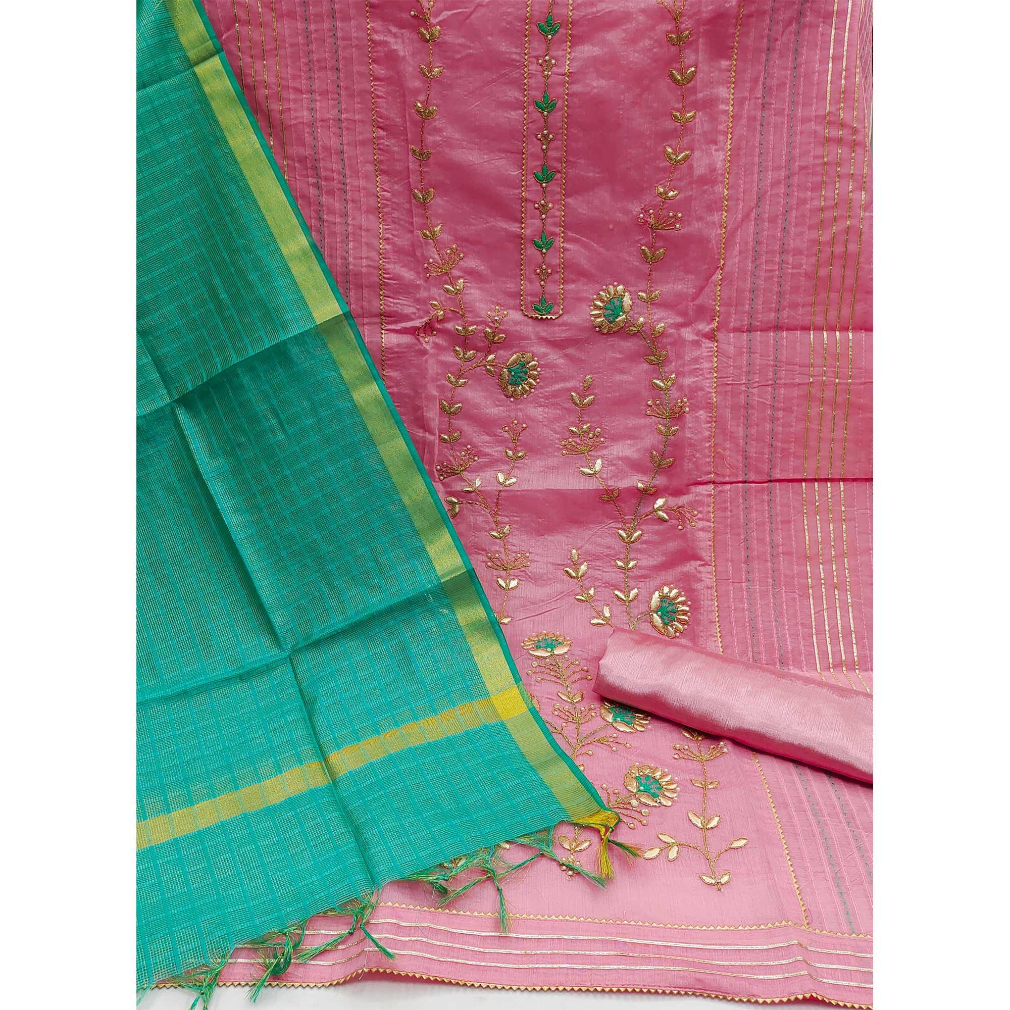 Pink Festive Wear Hand Butta Work Modal Chanderi Dress Material - Peachmode