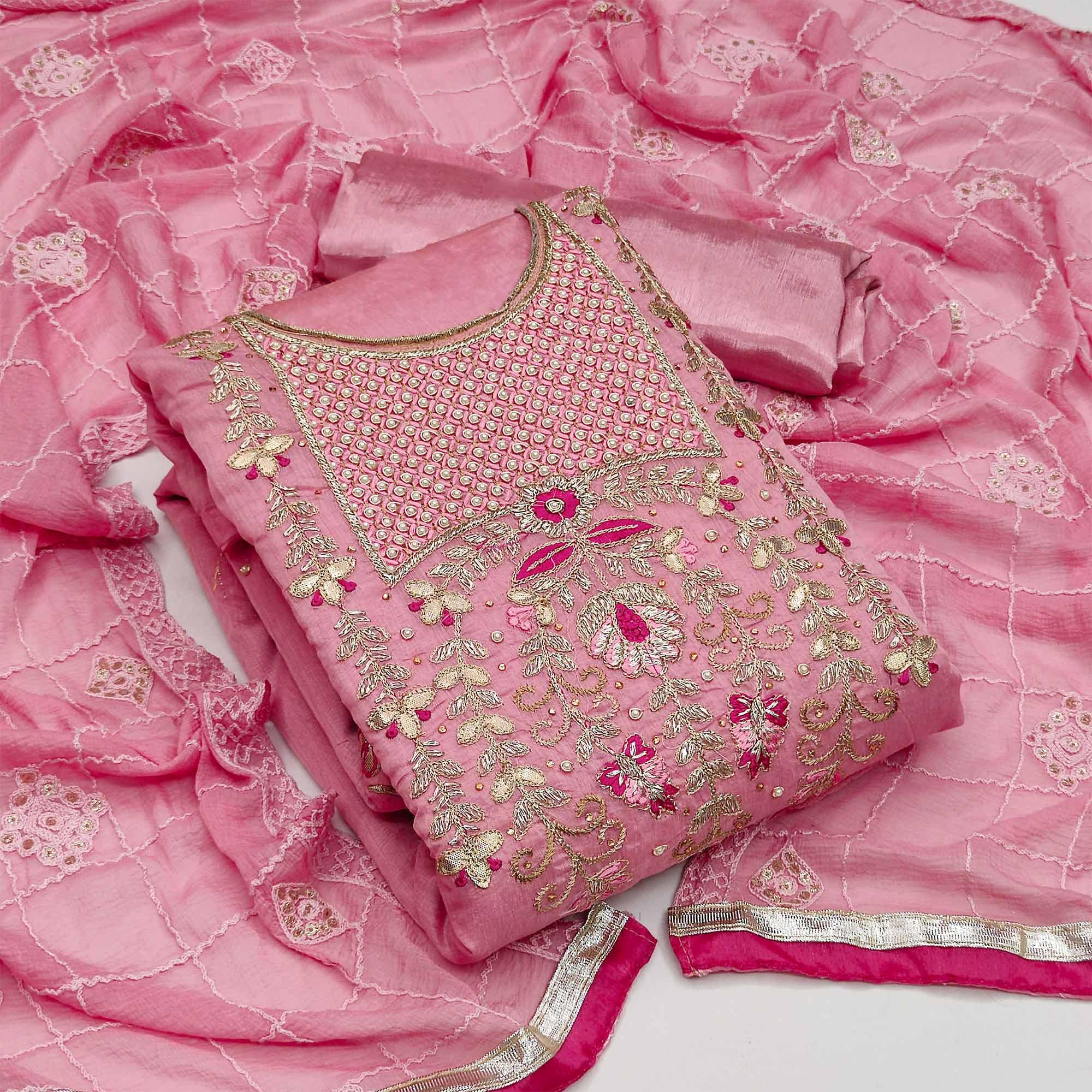 Pink Festive Wear Hand Work Modal Chanderi Dress Material - Peachmode