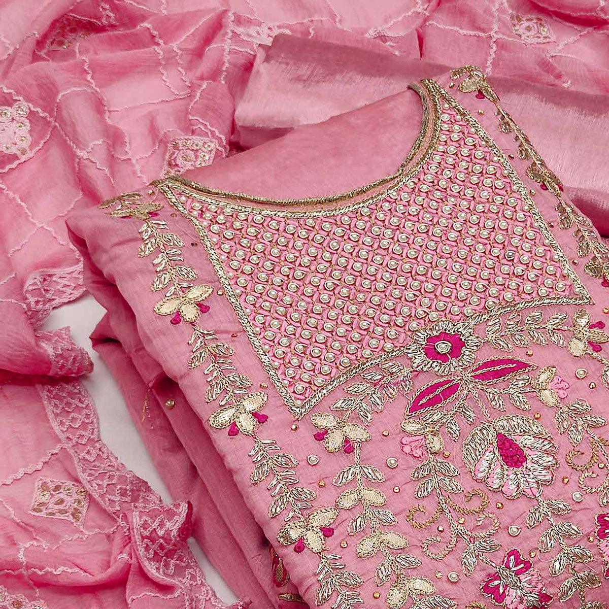 Pink Festive Wear Hand Work Modal Chanderi Dress Material - Peachmode