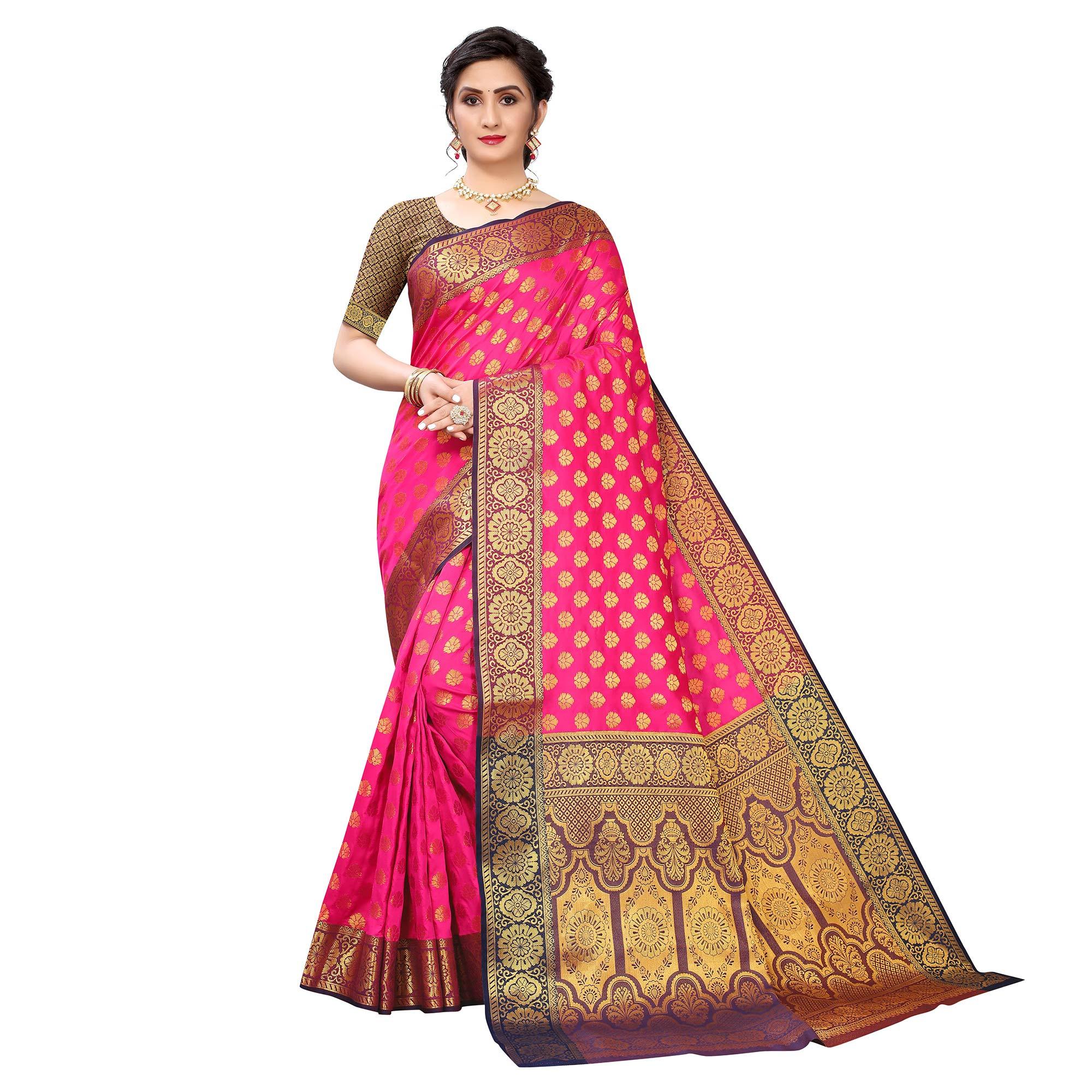 Pink Festive Wear Jari Woven Heavy Silk Saree - Peachmode