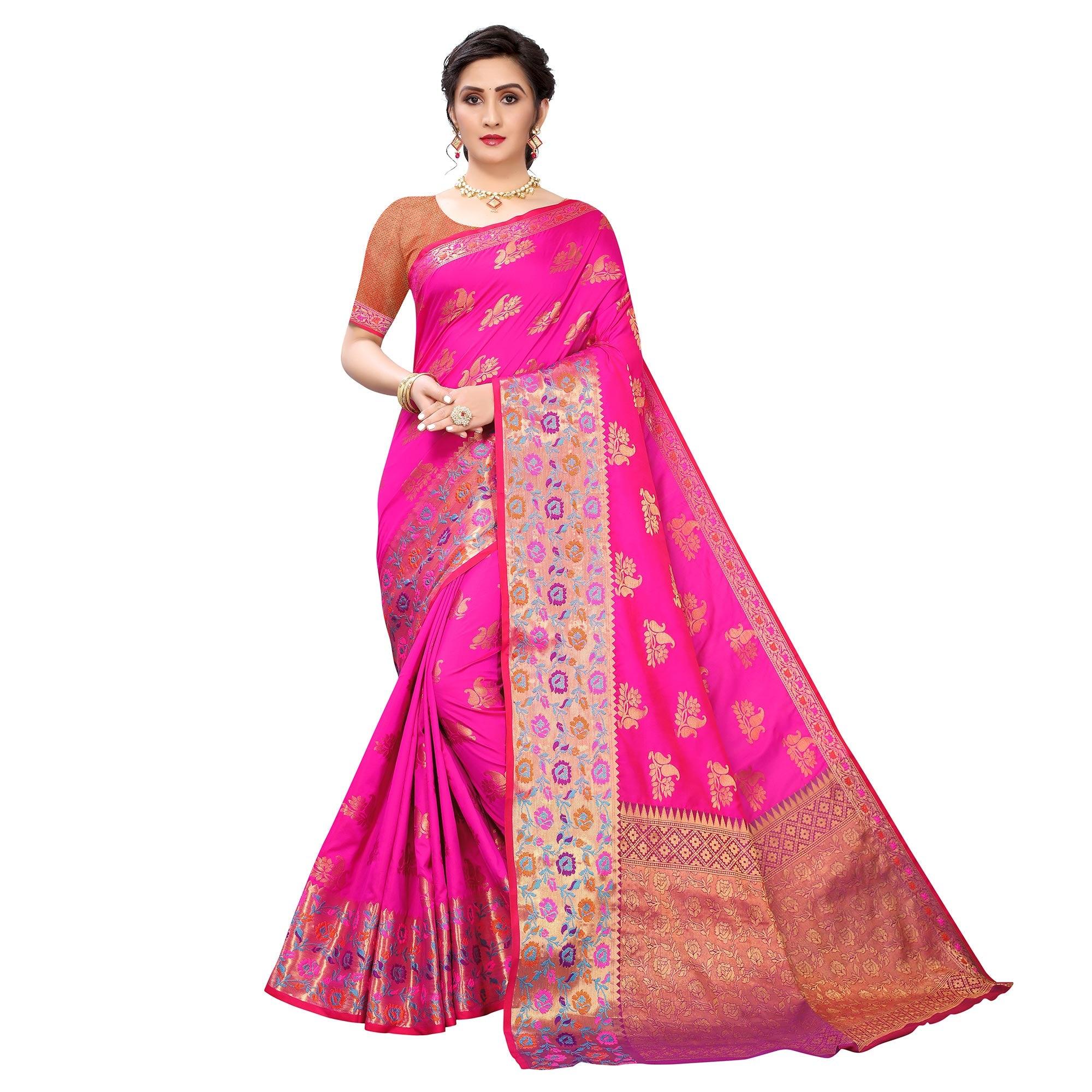 Pink Festive Wear Jari Woven Heavy Silk Saree - Peachmode