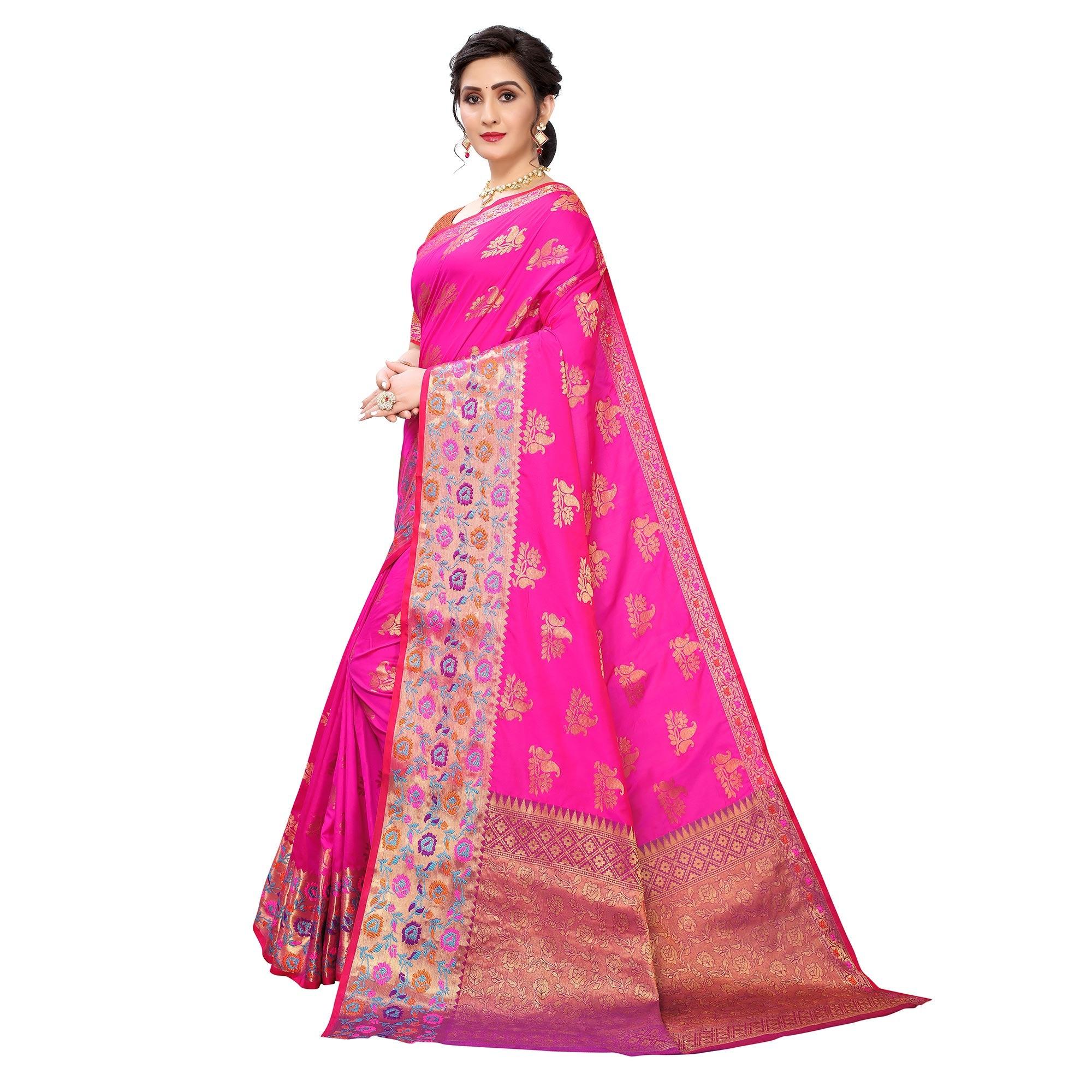 Pink Festive Wear Jari Woven Heavy Silk Saree - Peachmode