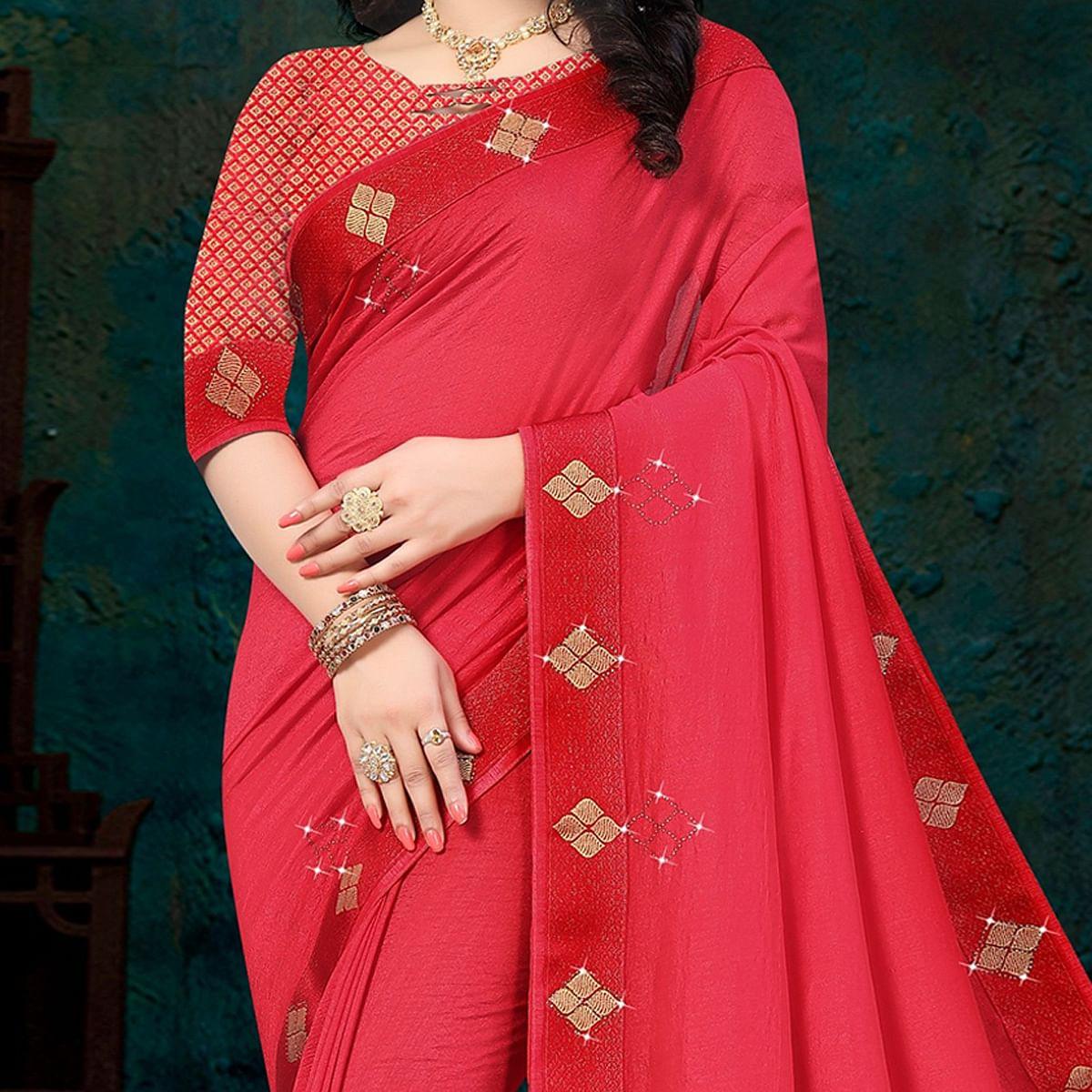 Pink Festive Wear Lace With Stone Work Silk Designer Saree - Peachmode