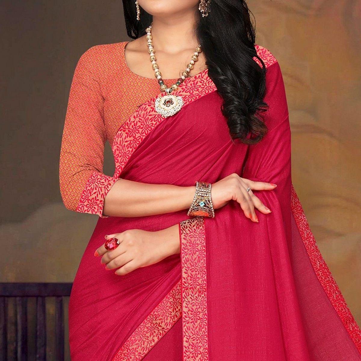 Pink Festive Wear Lace Work Silk Saree - Peachmode