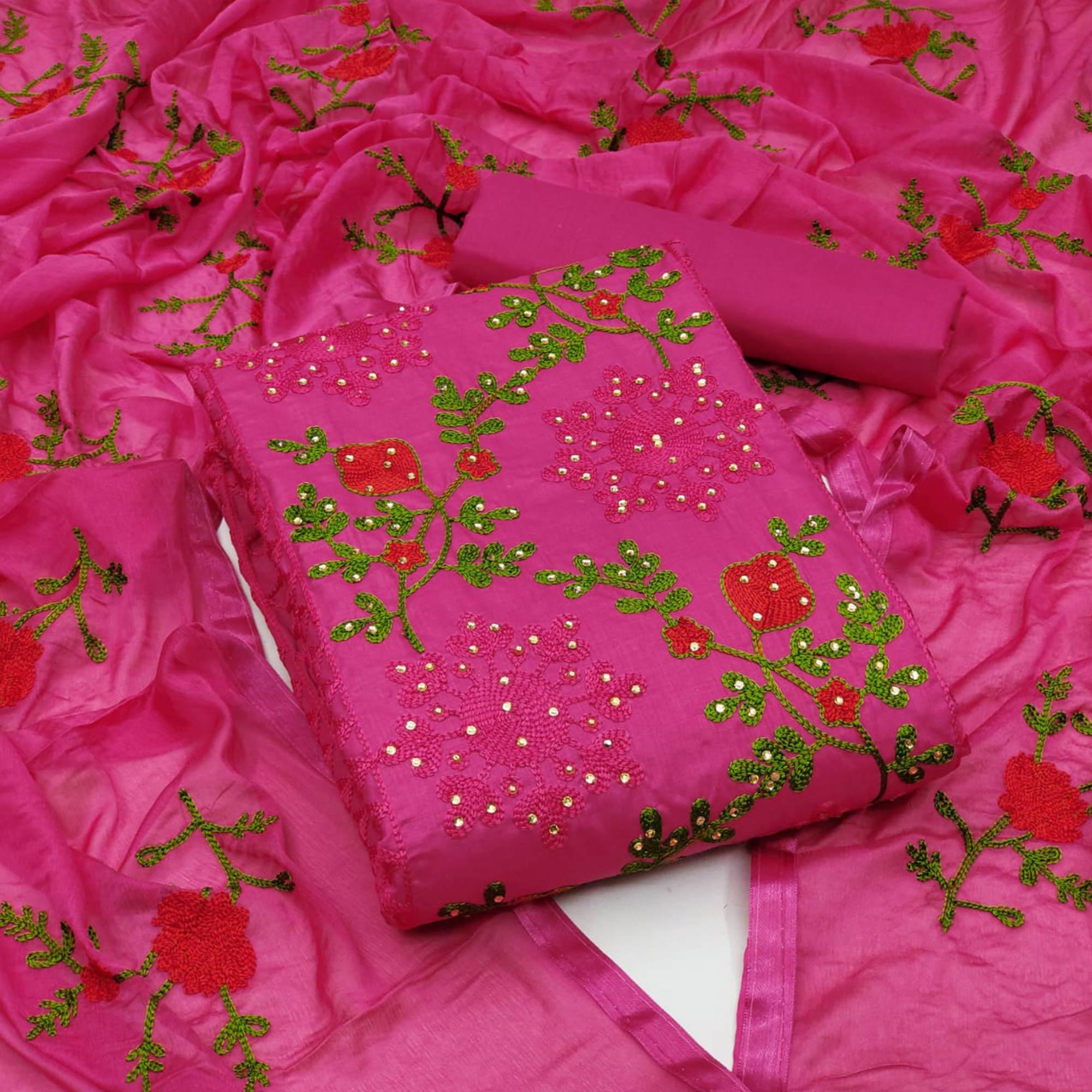 Pink Festive Wear Pearl Work Embroidered Cotton Dress Material - Peachmode