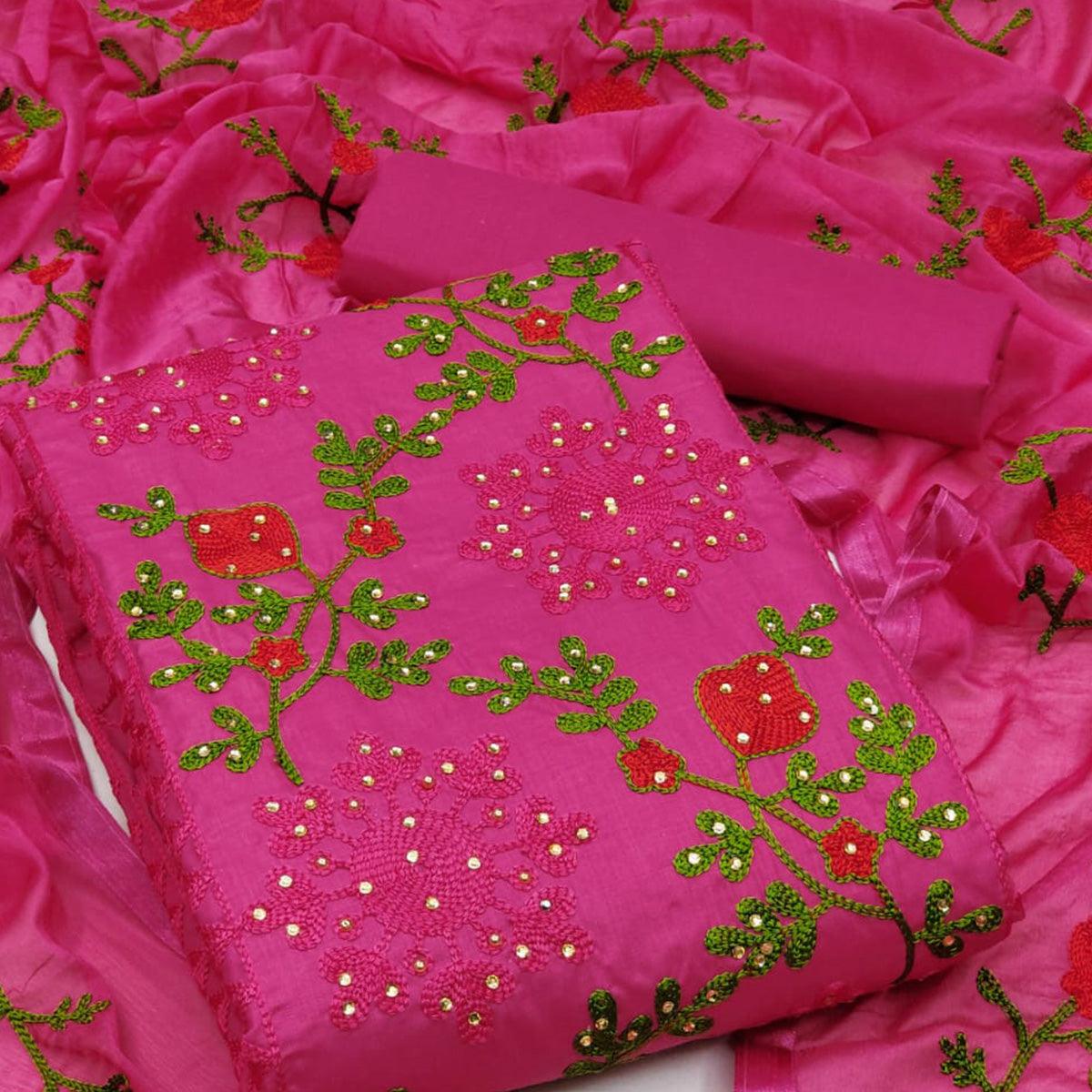 Pink Festive Wear Pearl Work Embroidered Cotton Dress Material - Peachmode