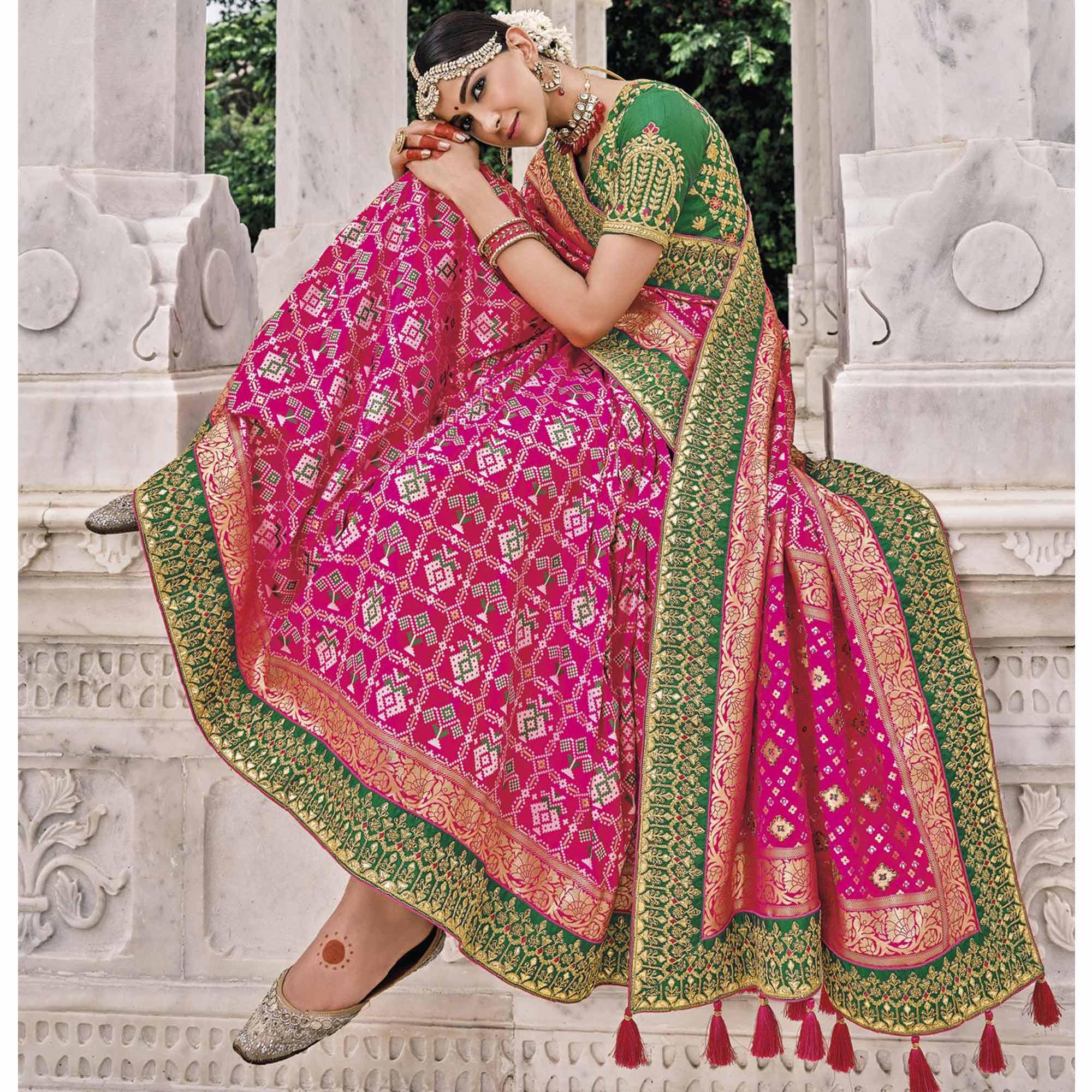 Pink Festive Wear Plain & Hand Work  Pure Silk Saree - Peachmode
