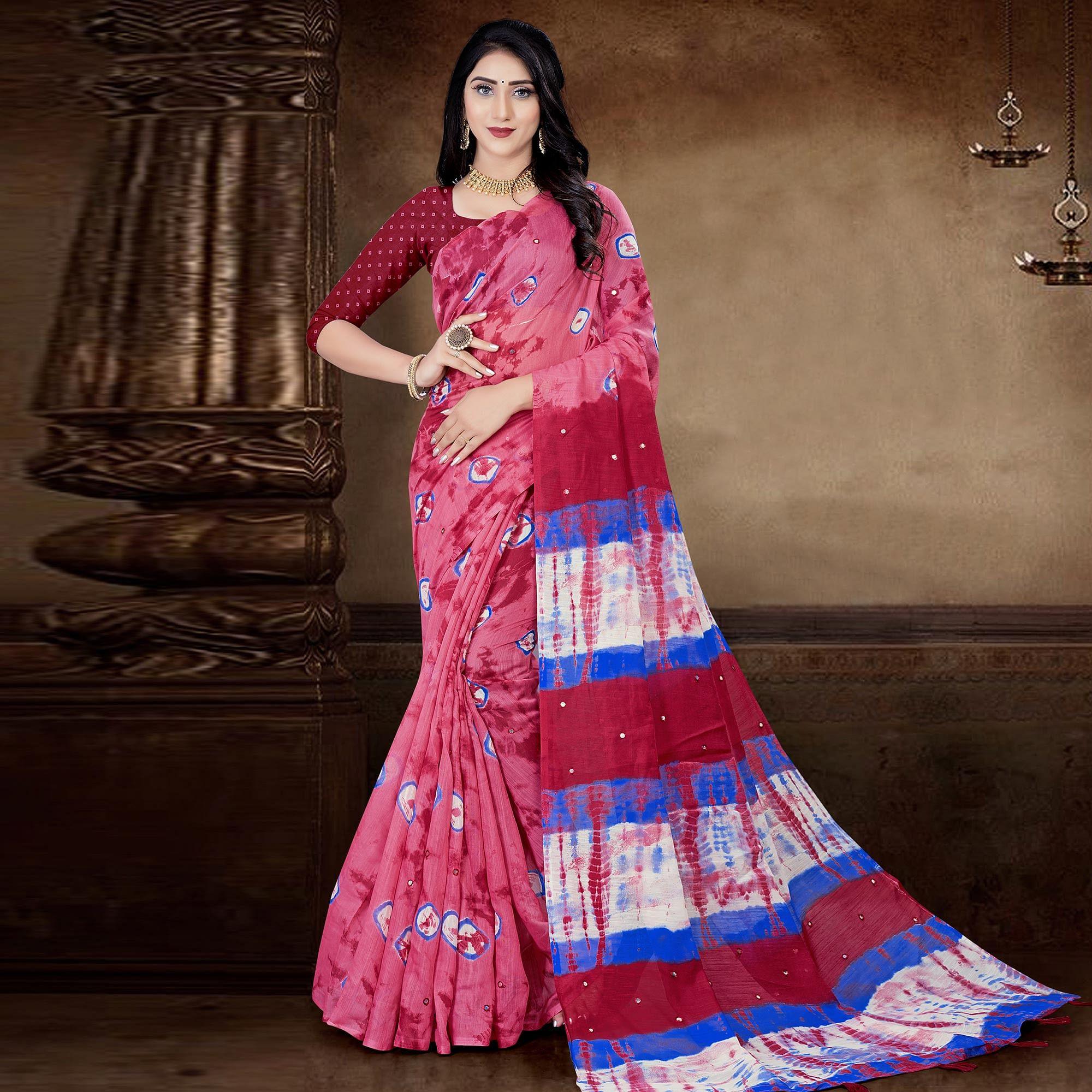 Pink Festive Wear Print With Mirror Work Cotton Silk Saree - Peachmode