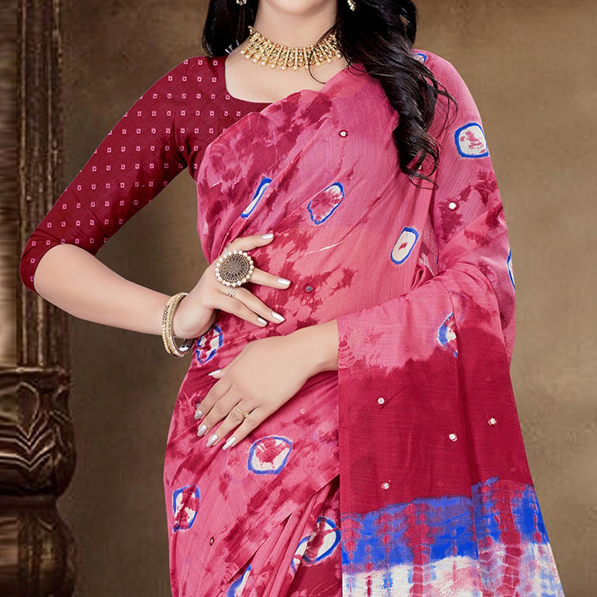 Pink Festive Wear Print With Mirror Work Cotton Silk Saree - Peachmode