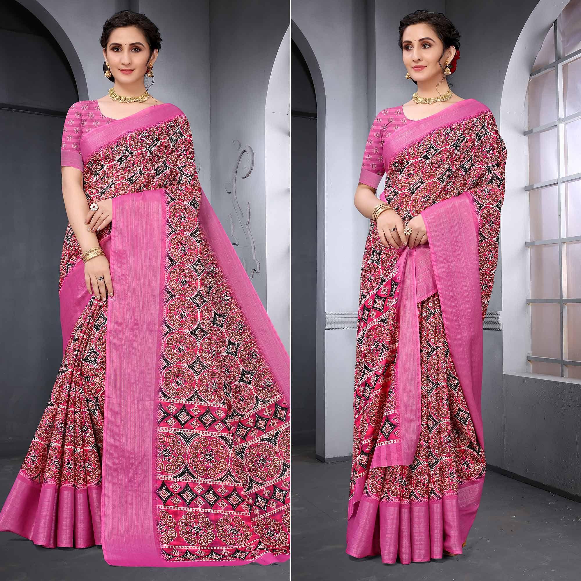 Pink Festive Wear Printed Art Silk Saree - Peachmode