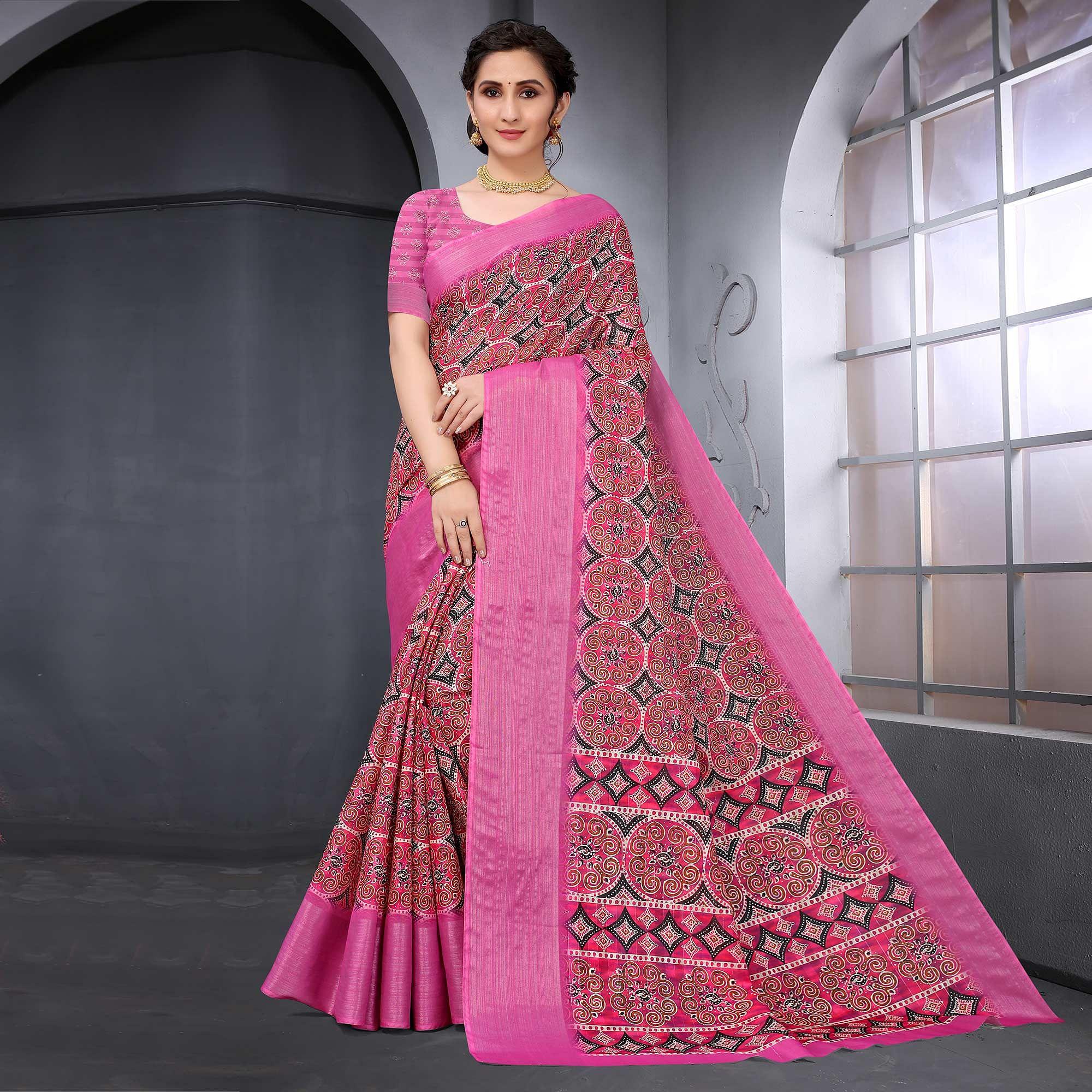 Pink Festive Wear Printed Art Silk Saree - Peachmode