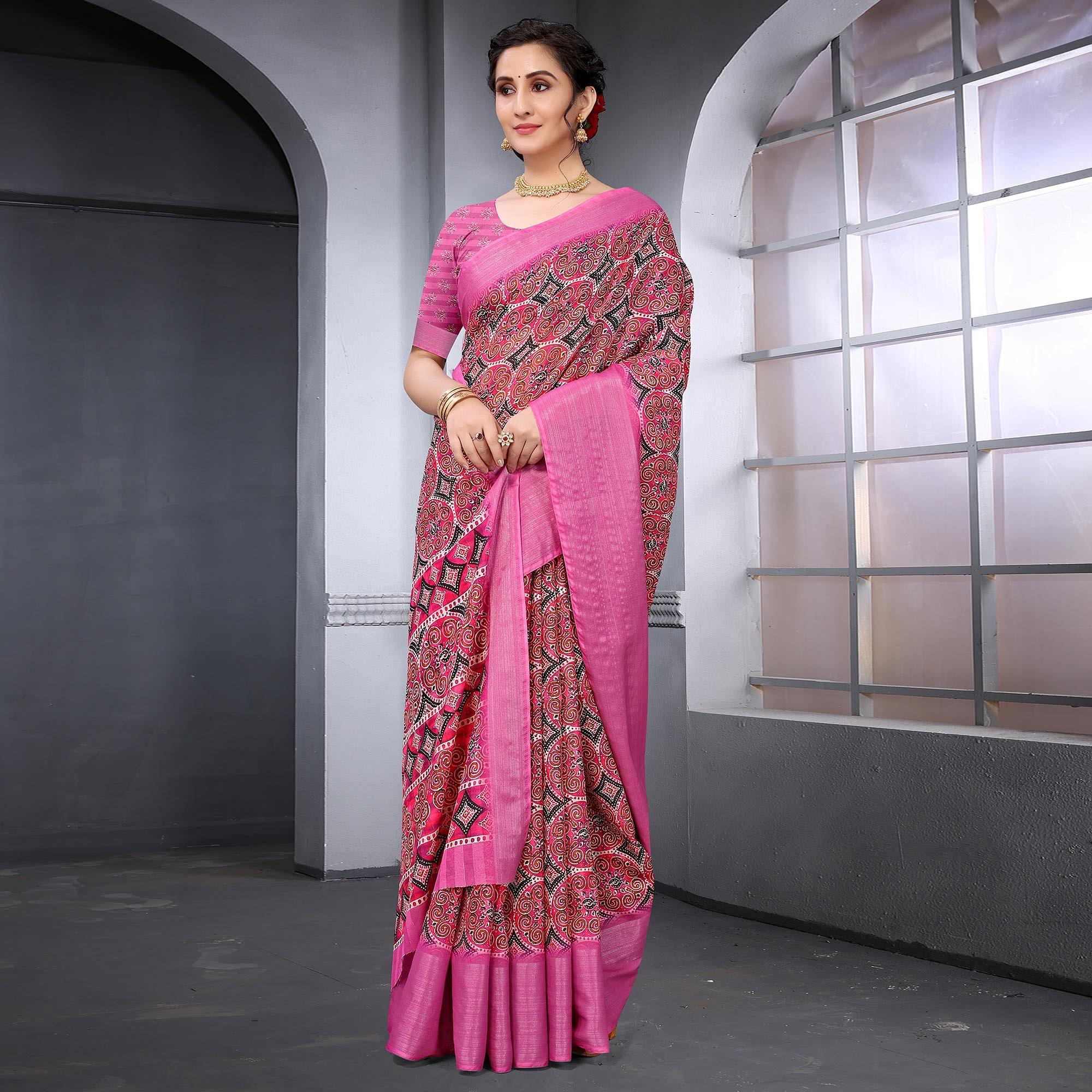 Pink Festive Wear Printed Art Silk Saree - Peachmode