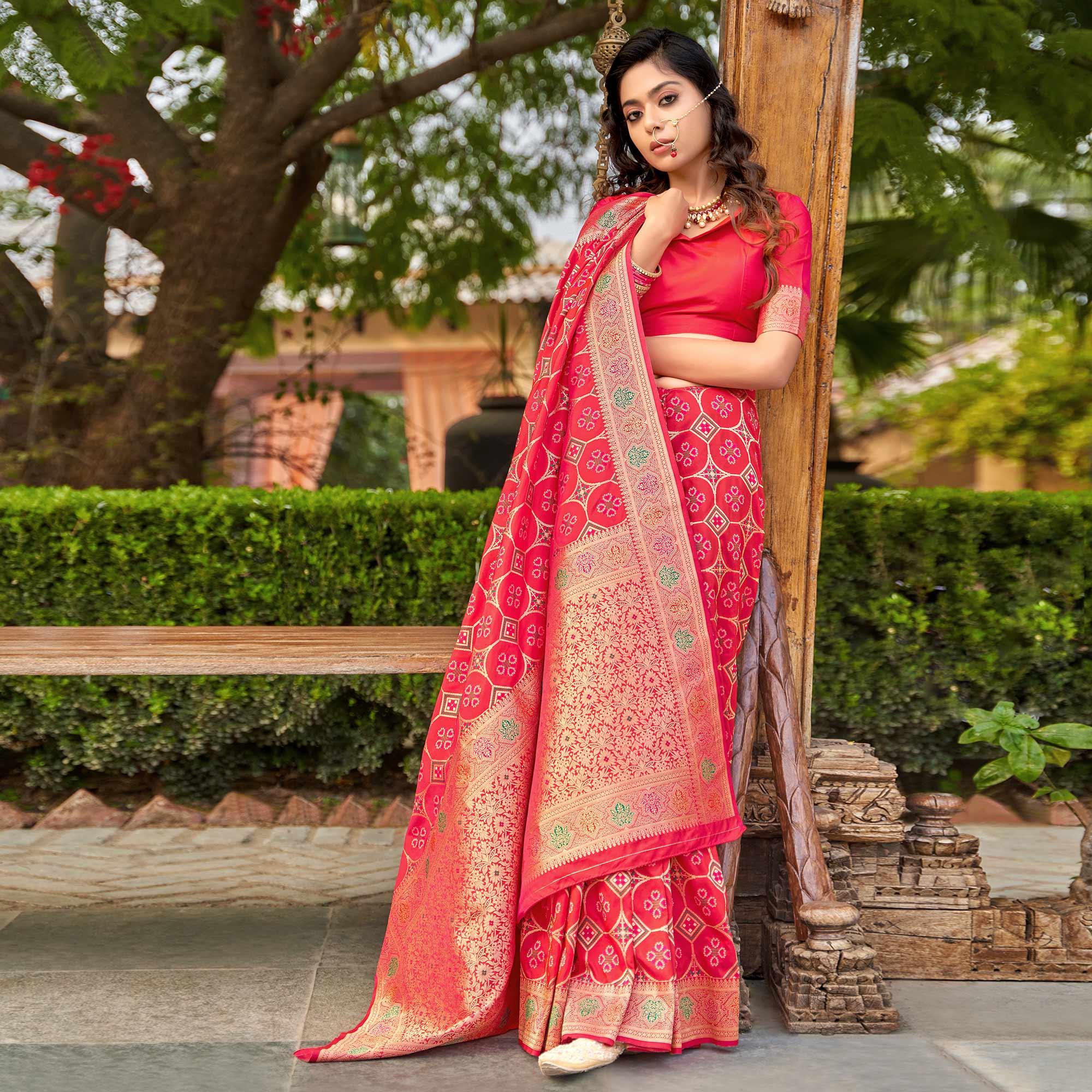 Pink Festive Wear Printed Banarasi Soft Silk Saree - Peachmode