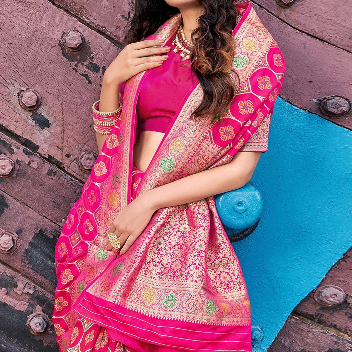 Pink Festive Wear Printed Banarasi Soft Silk Saree - Peachmode