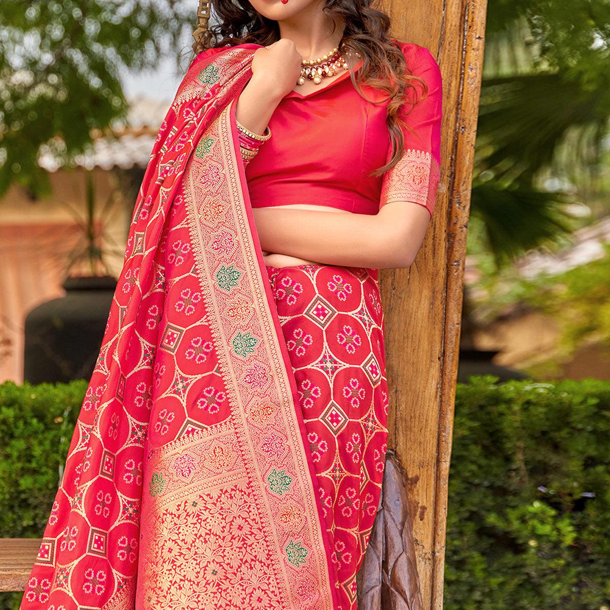 Pink Festive Wear Printed Banarasi Soft Silk Saree - Peachmode