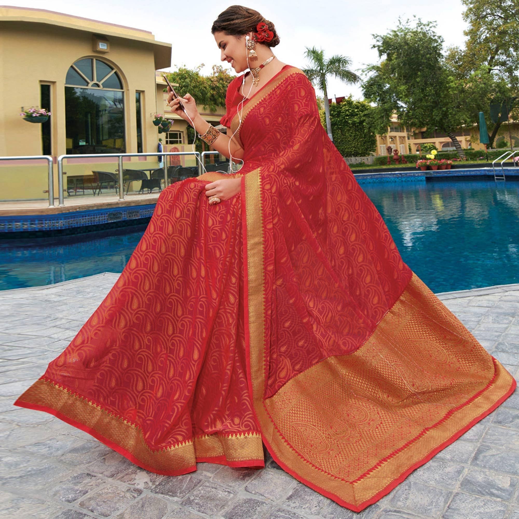 Pink Festive Wear Printed Brasso  Saree - Peachmode