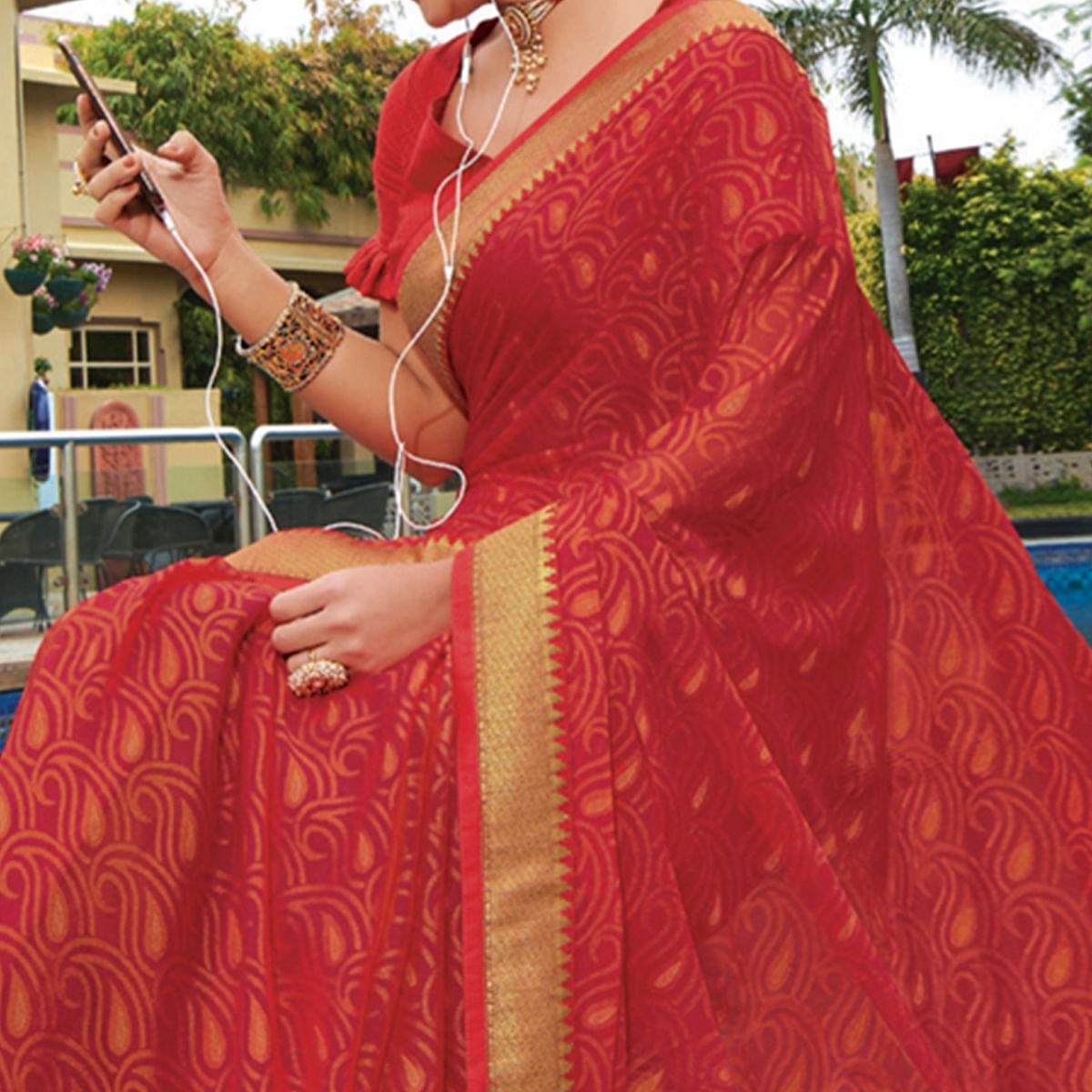 Pink Festive Wear Printed Brasso  Saree - Peachmode