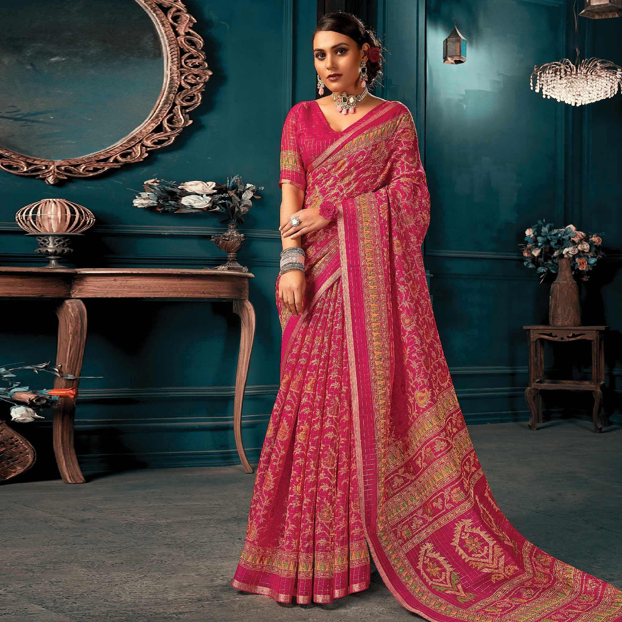 Pink Festive Wear Printed Cotton Saree - Peachmode