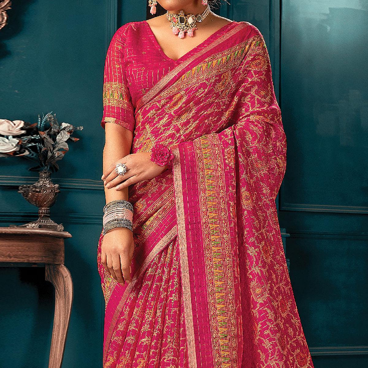 Pink Festive Wear Printed Cotton Saree - Peachmode