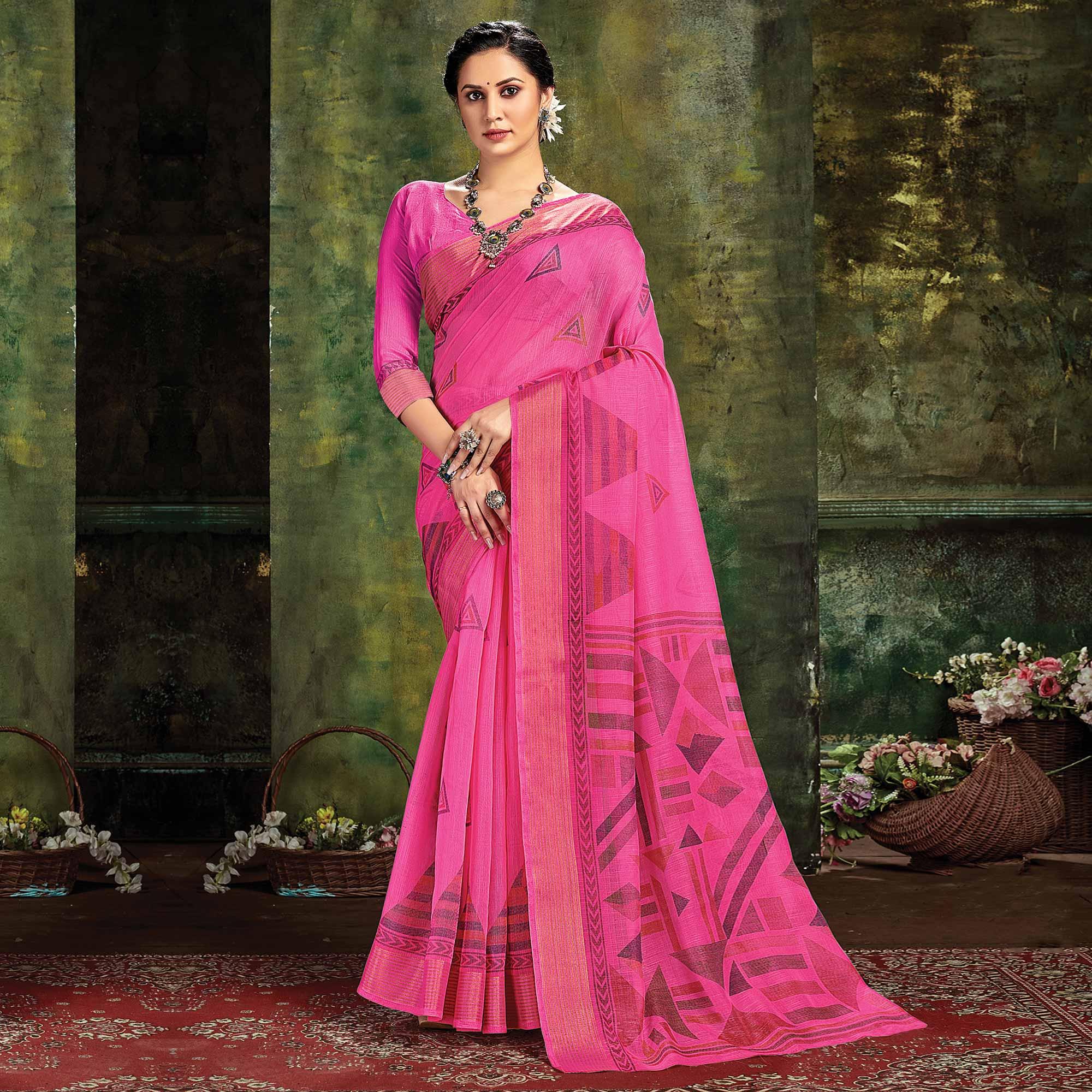 Pink Festive Wear Printed Cotton Saree - Peachmode