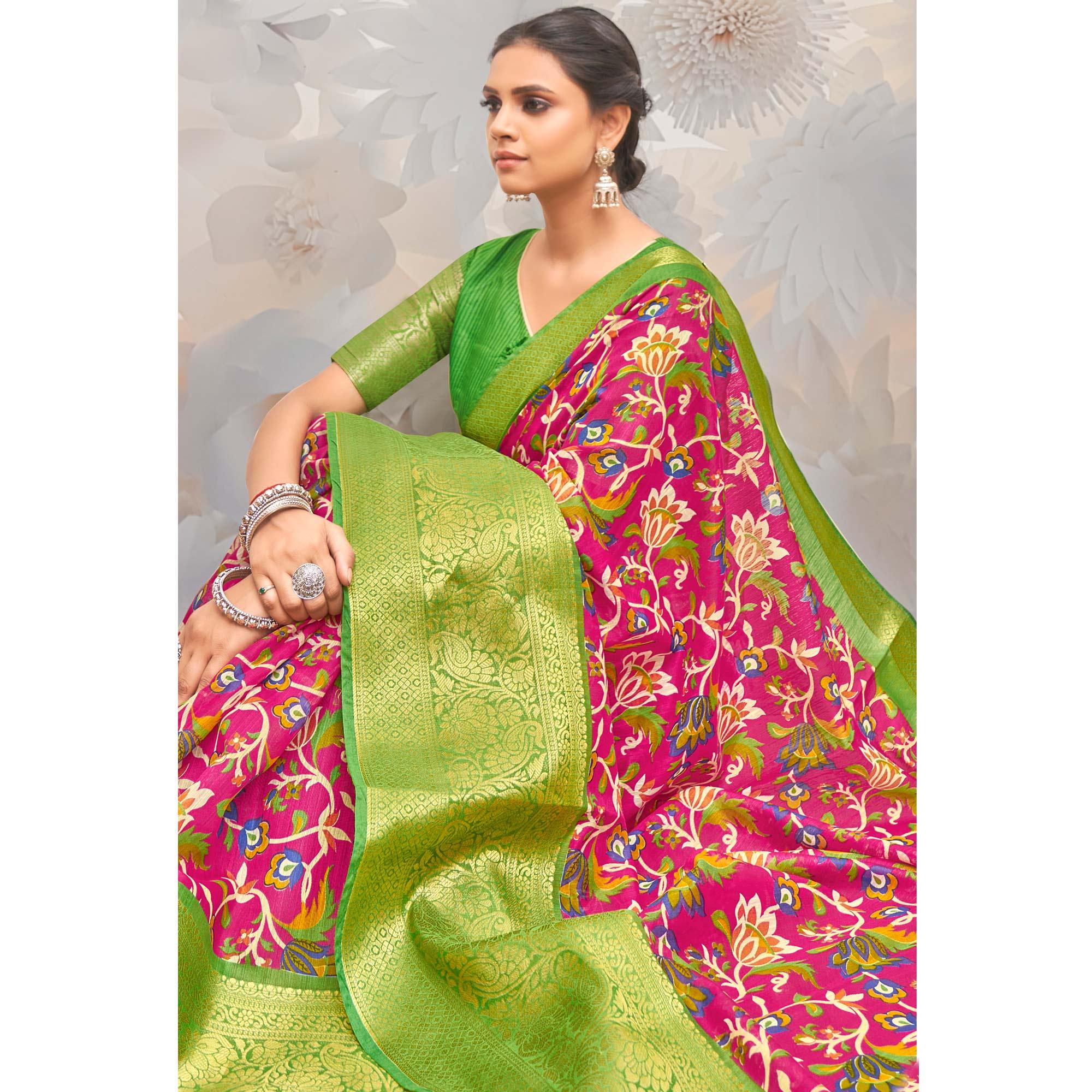 Pink Festive Wear Printed Cotton Silk Saree - Peachmode
