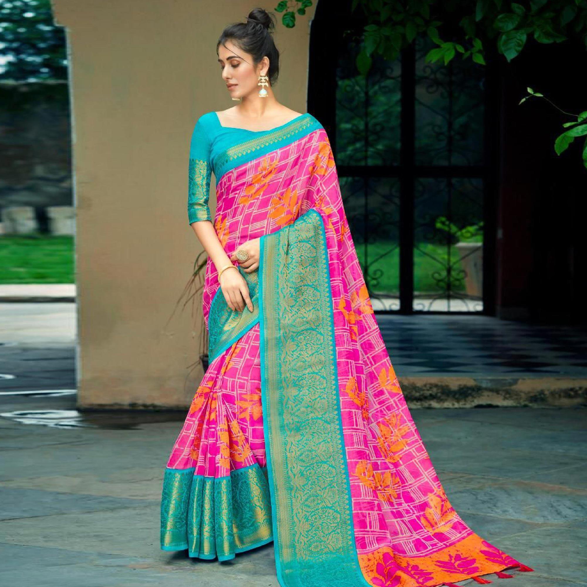 Pink Festive Wear Printed Cotton Silk Saree With Woven Border - Peachmode