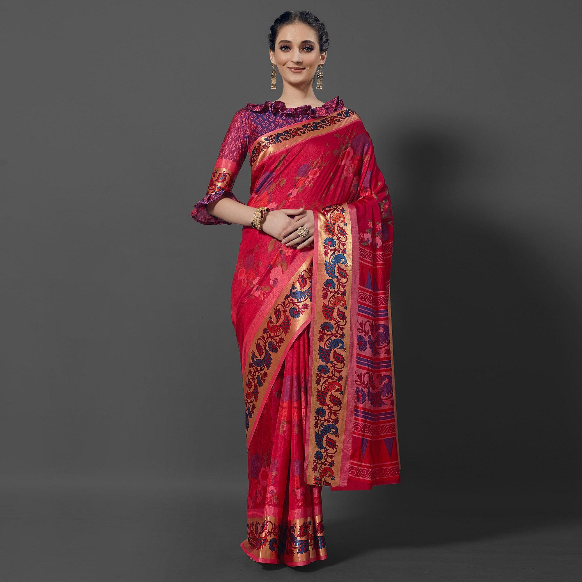 Pink Festive Wear Printed Dhakai Silk Saree - Peachmode