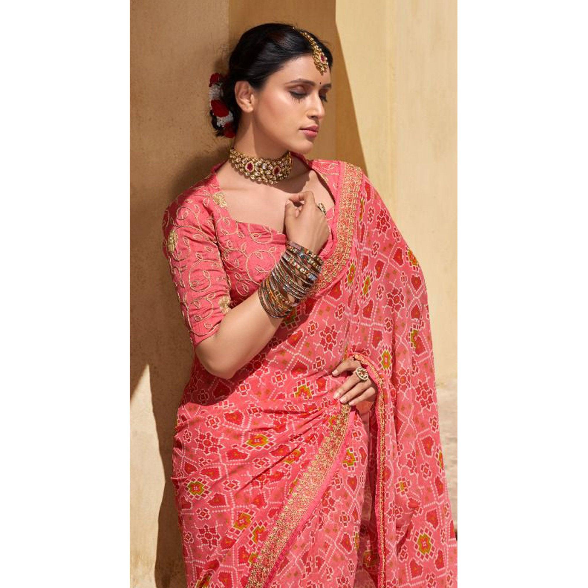 Pink Festive Wear Printed Georgette Saree - Peachmode