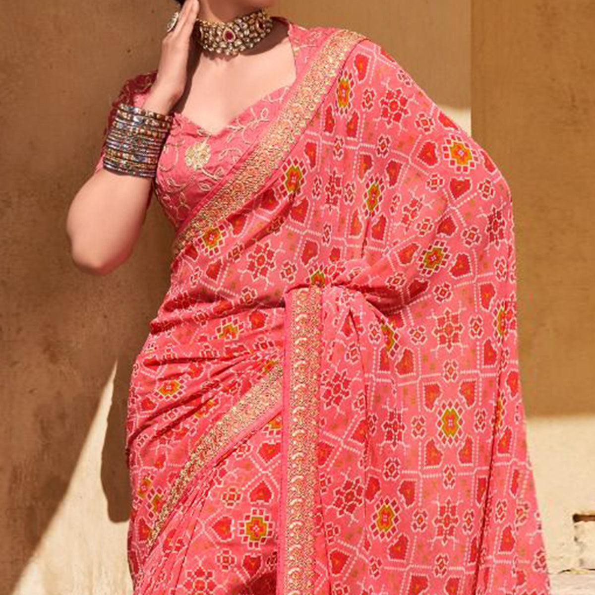 Pink Festive Wear Printed Georgette Saree - Peachmode