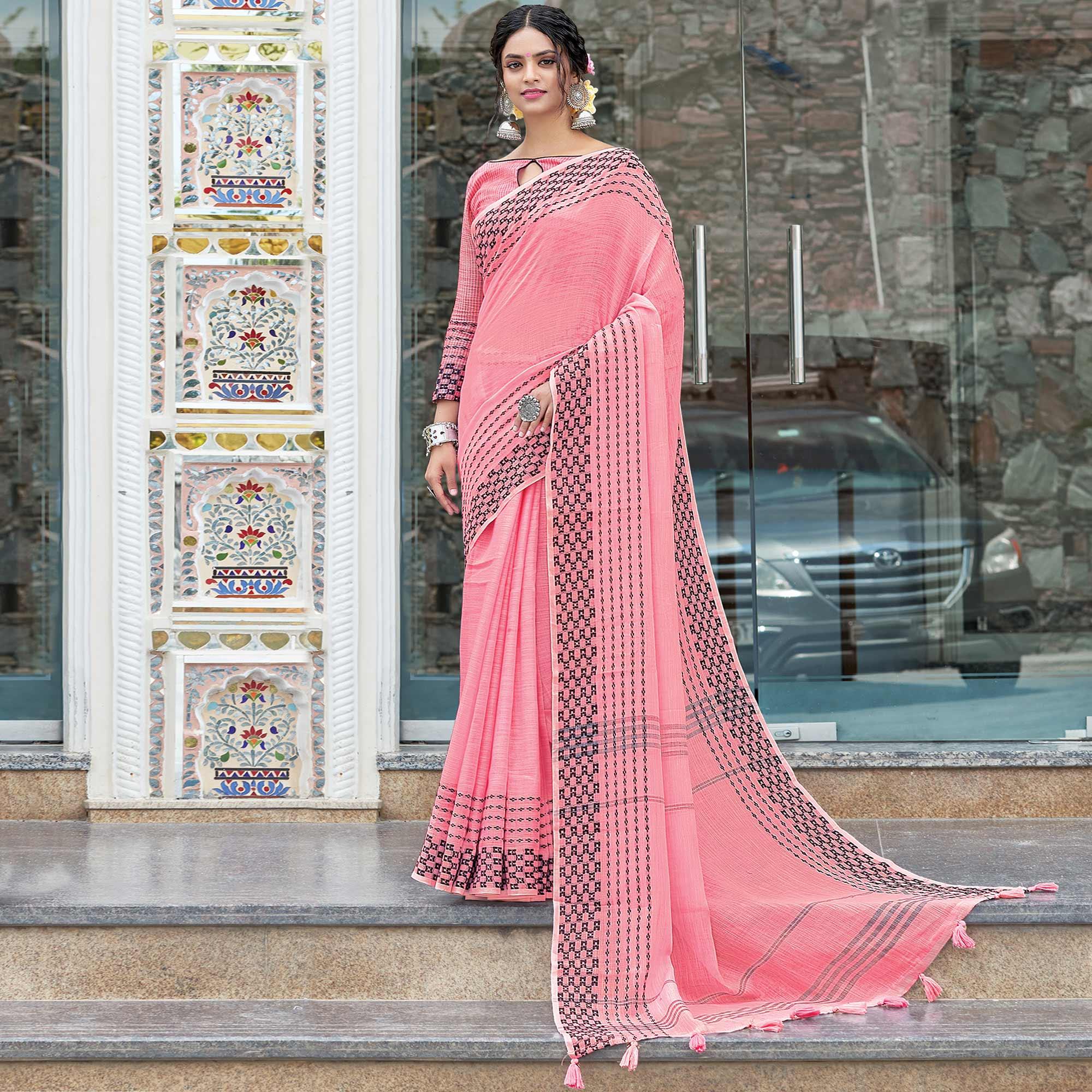 Pink Festive Wear Printed Linen Saree - Peachmode